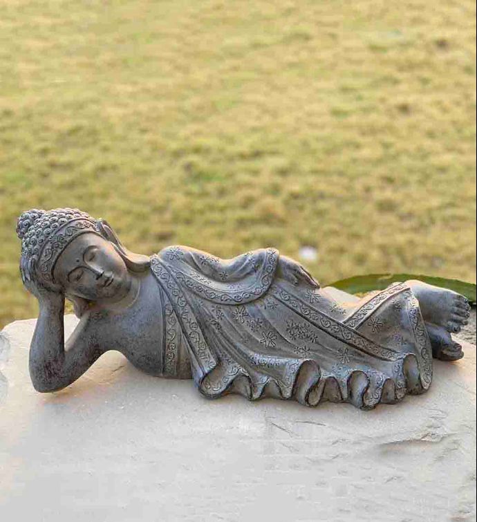 9" Dark Grey Polyresin Buddha Lying On Side
