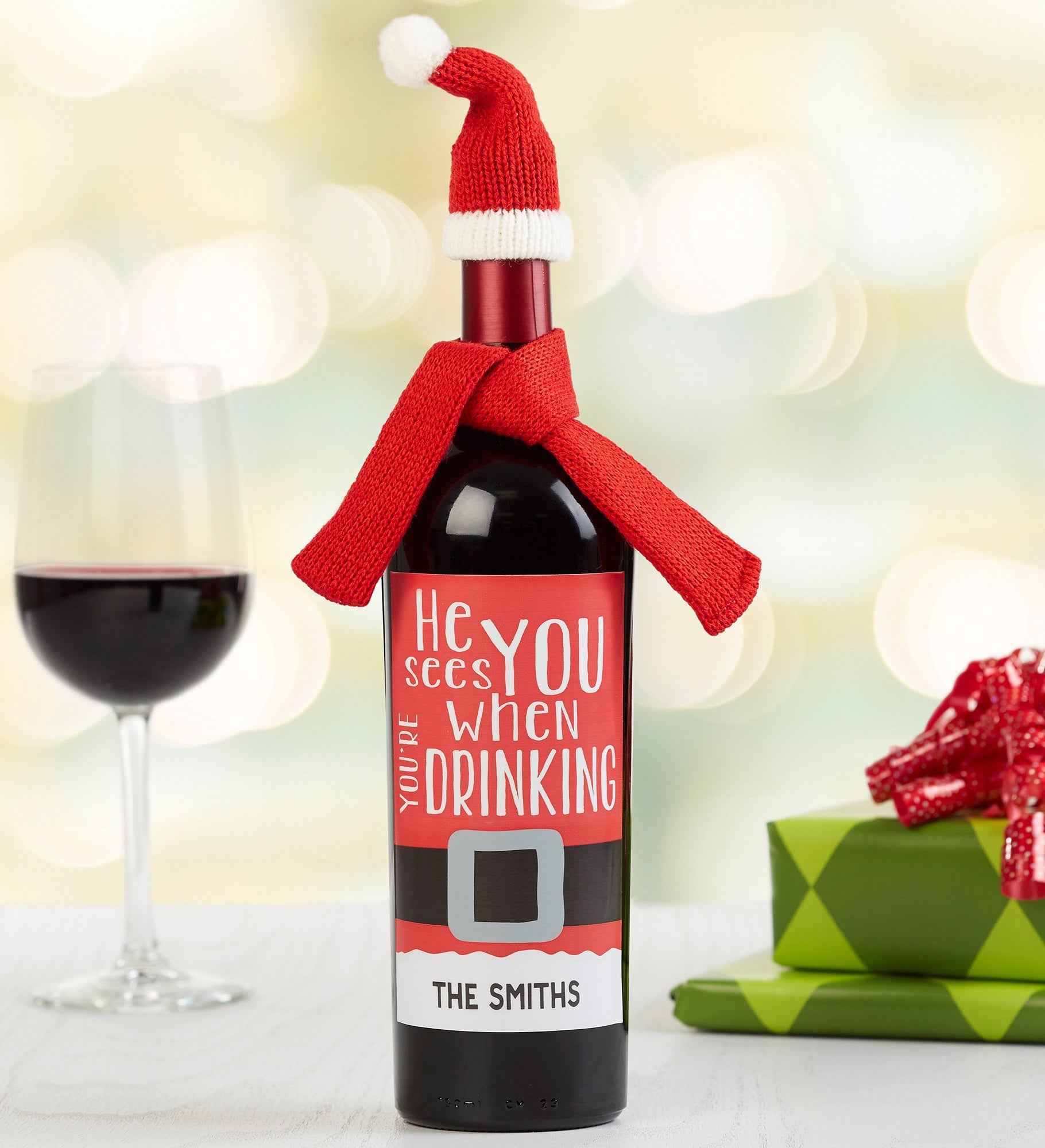 He Sees You When You're Drinking Personalized Wine Bottle Label