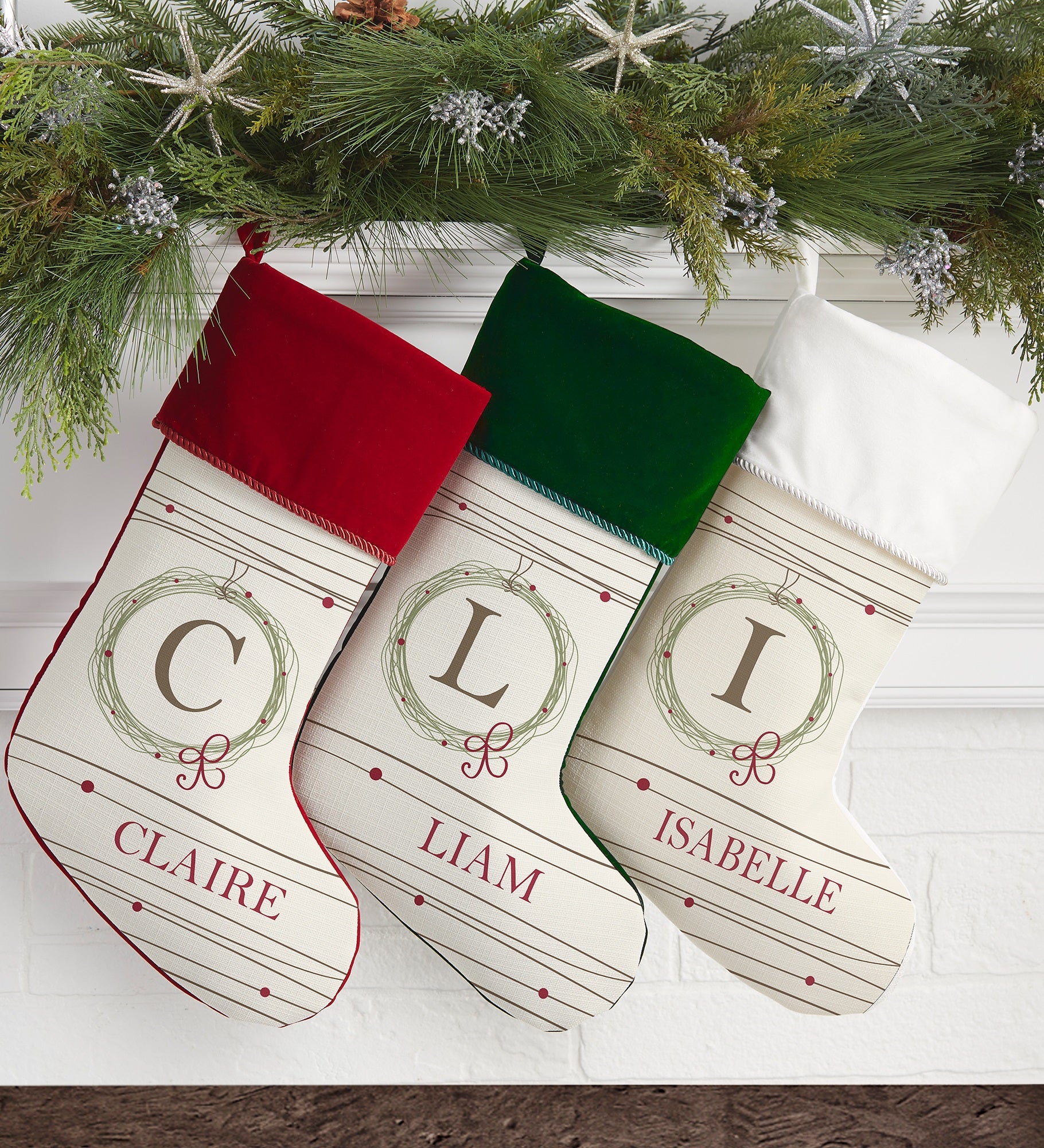 Holiday Wreath Monogrammed Christmas Stockings