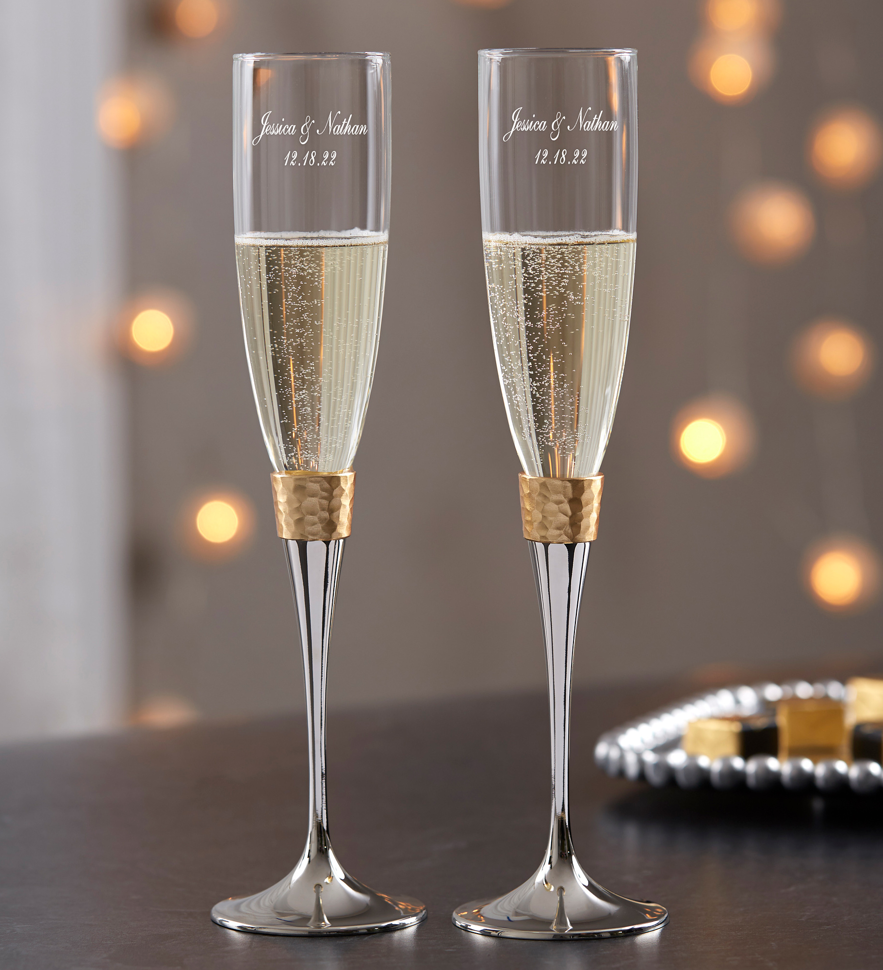Gold Hammered Engraved Wedding Champagne Flute Set