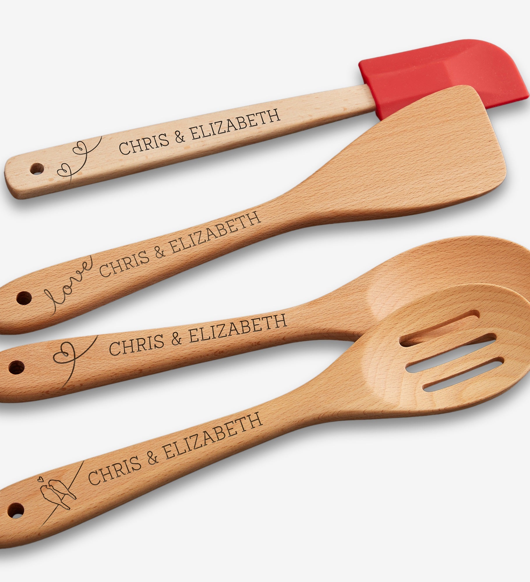Love Birds Personalized Beechwood Utensils- 4pc Set