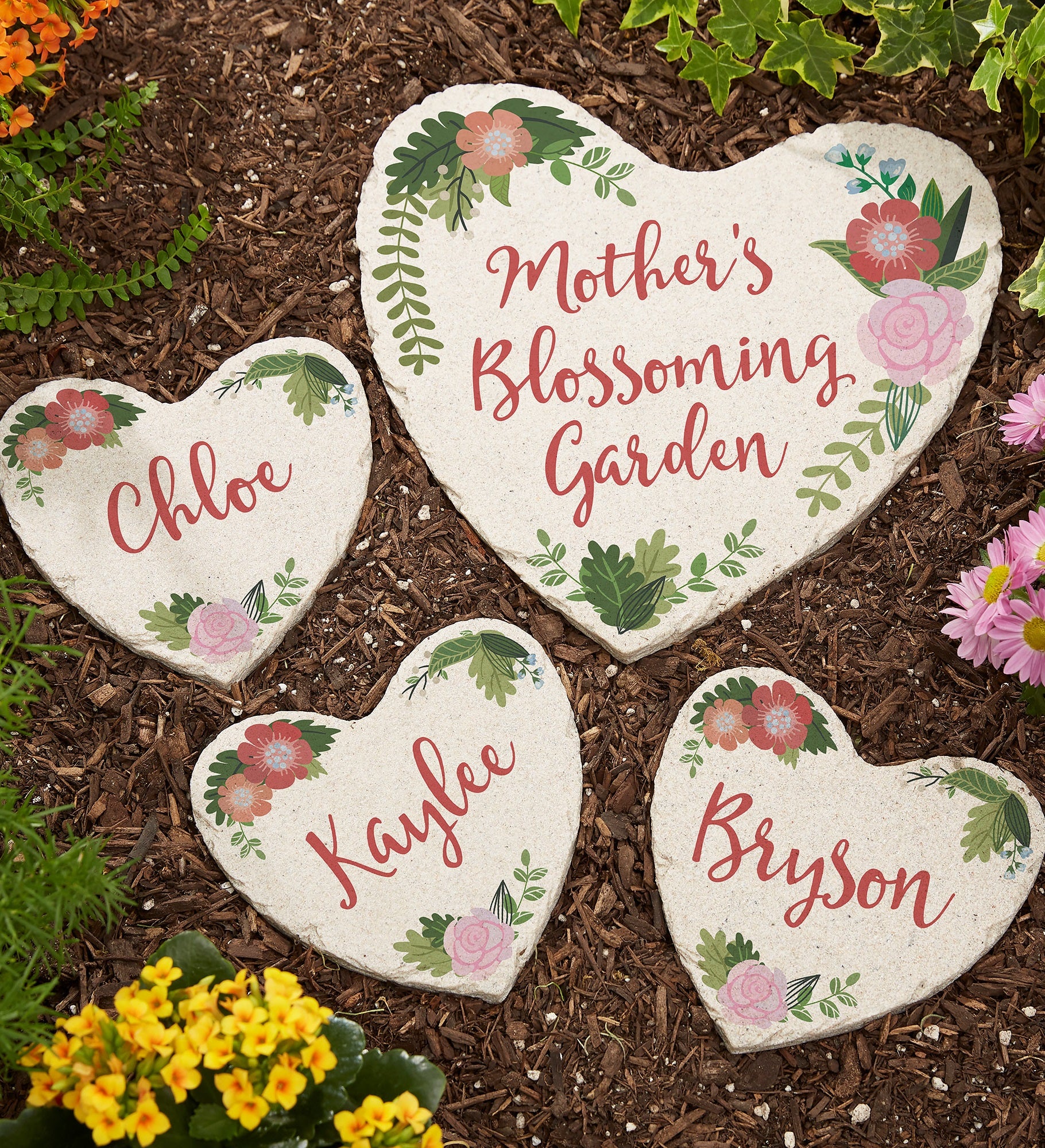 Mom's Blossoming Garden Personalized Heart Garden Stones
