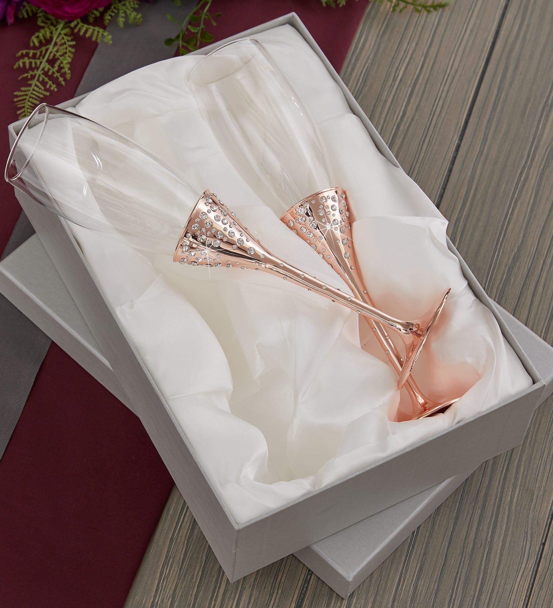 Radiant Rose Gold Etched Wedding Champagne Flute Set