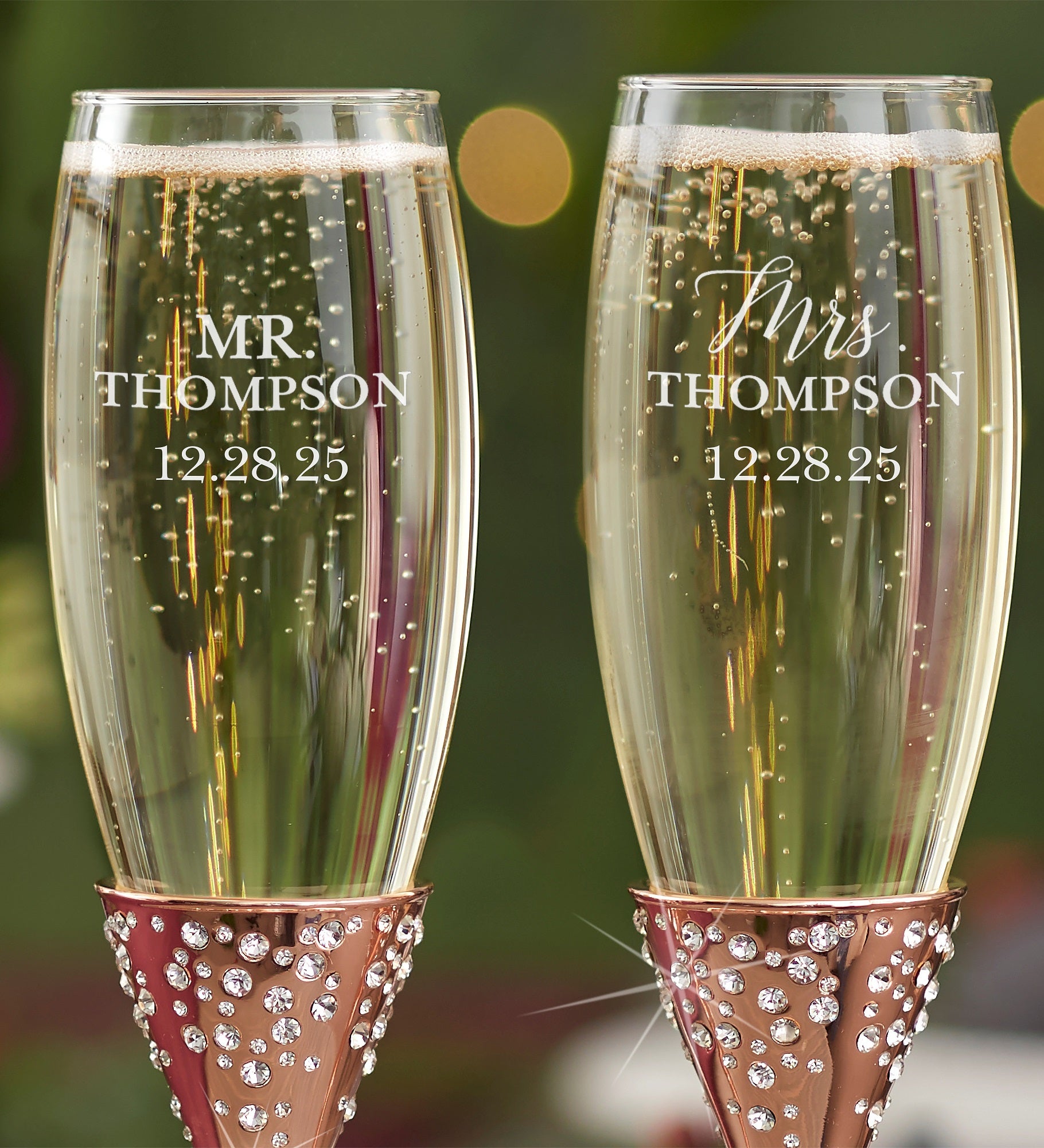 Radiant Rose Gold Etched Wedding Champagne Flute Set