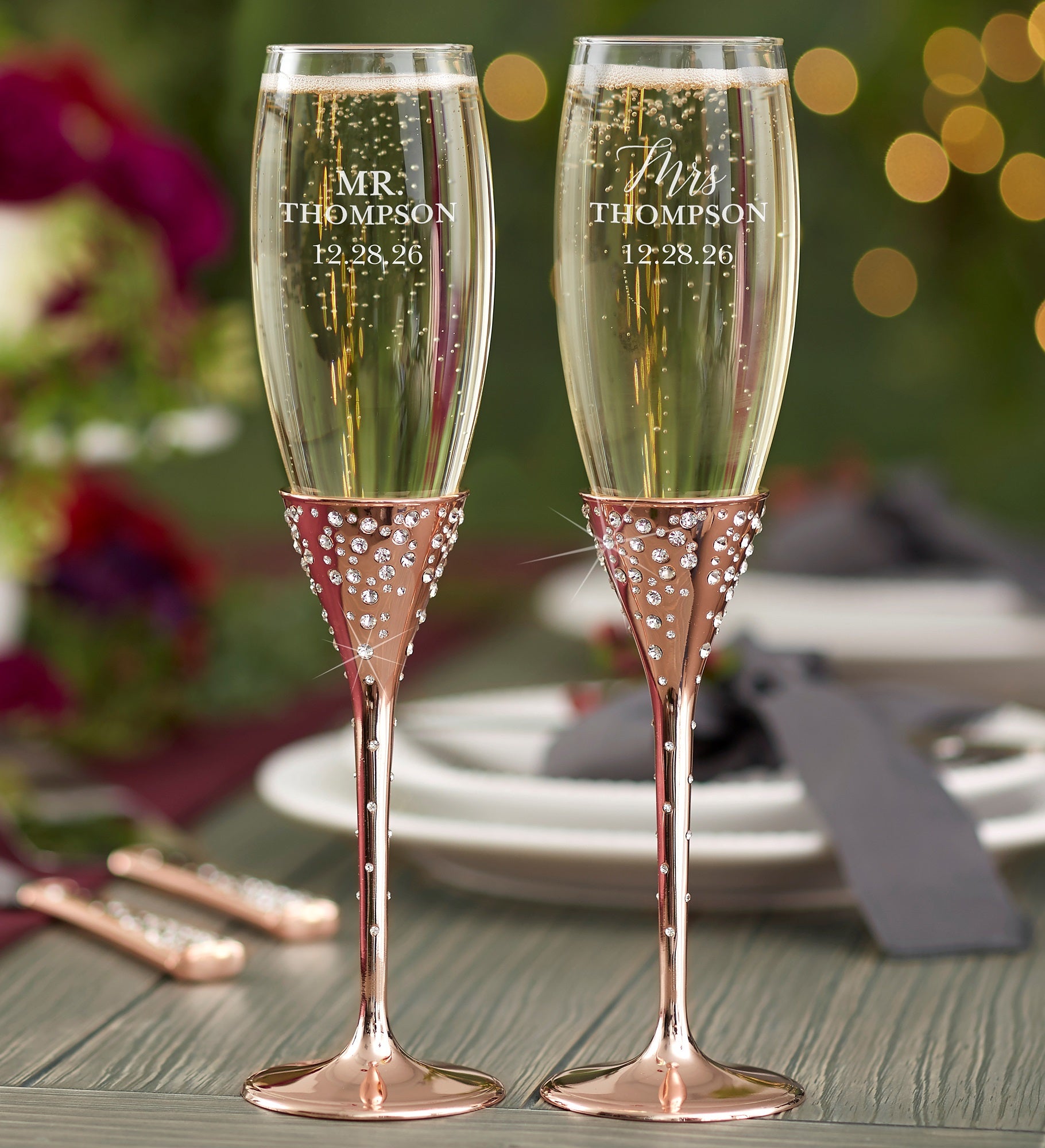 Radiant Rose Gold Etched Wedding Champagne Flute Set