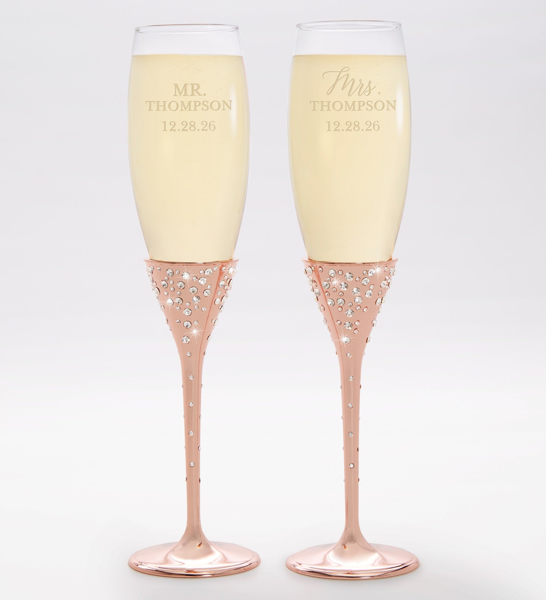 Radiant Rose Gold Etched Wedding Champagne Flute Set