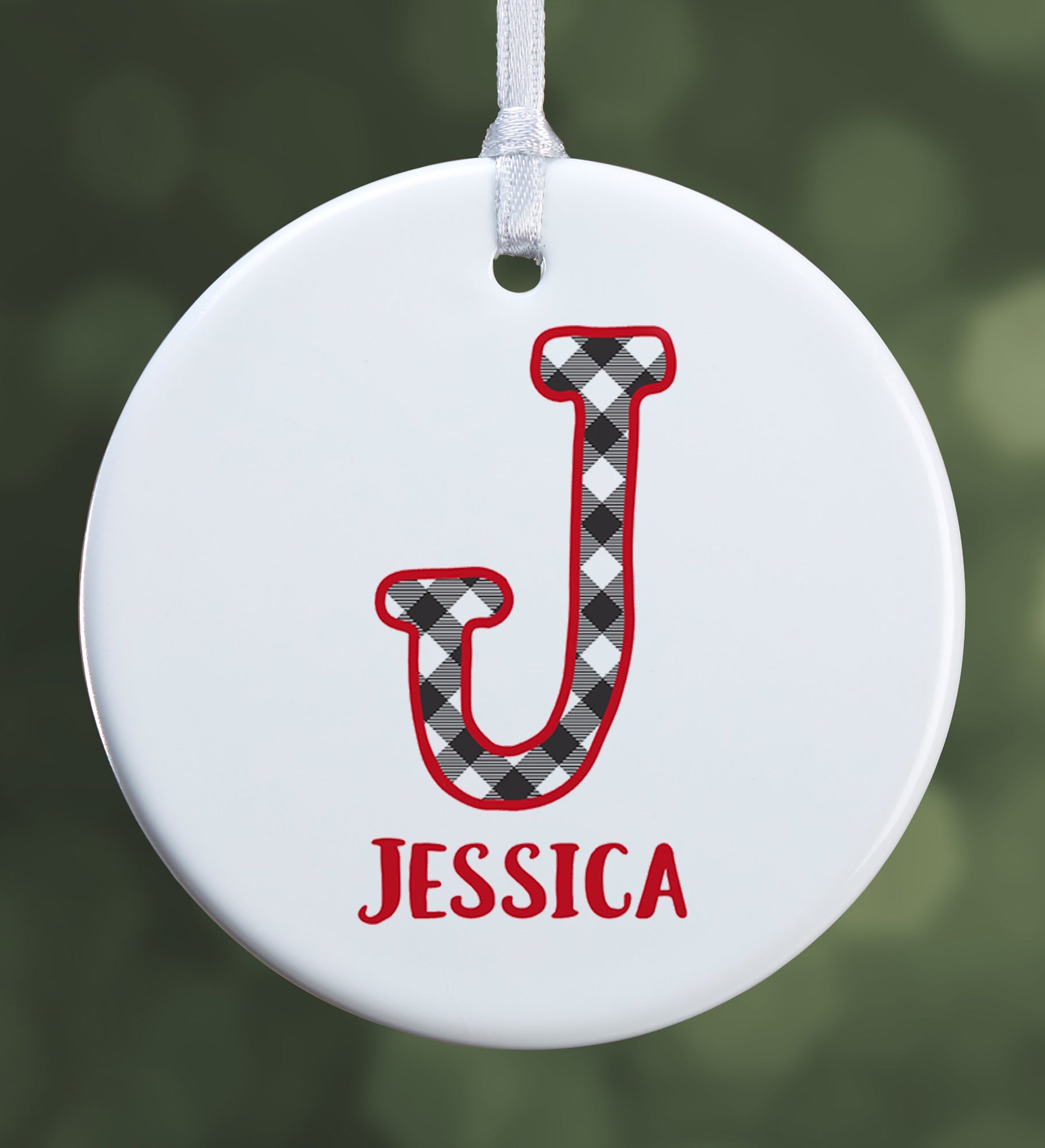 Farmhouse Christmas Buffalo Plaid Monogram Photo Ornament