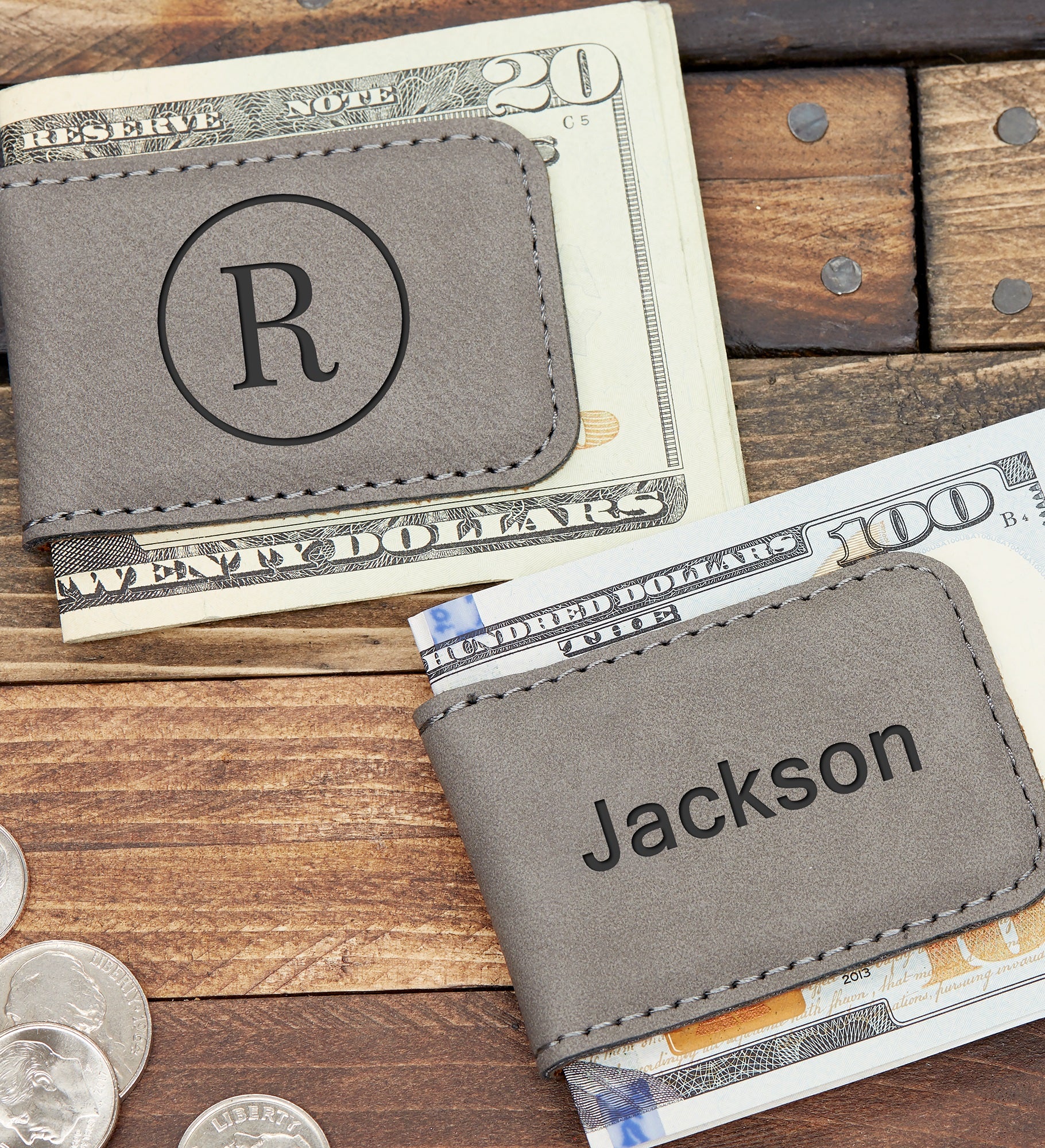 Grey Leatherette Personalized Magnetic Money Clip