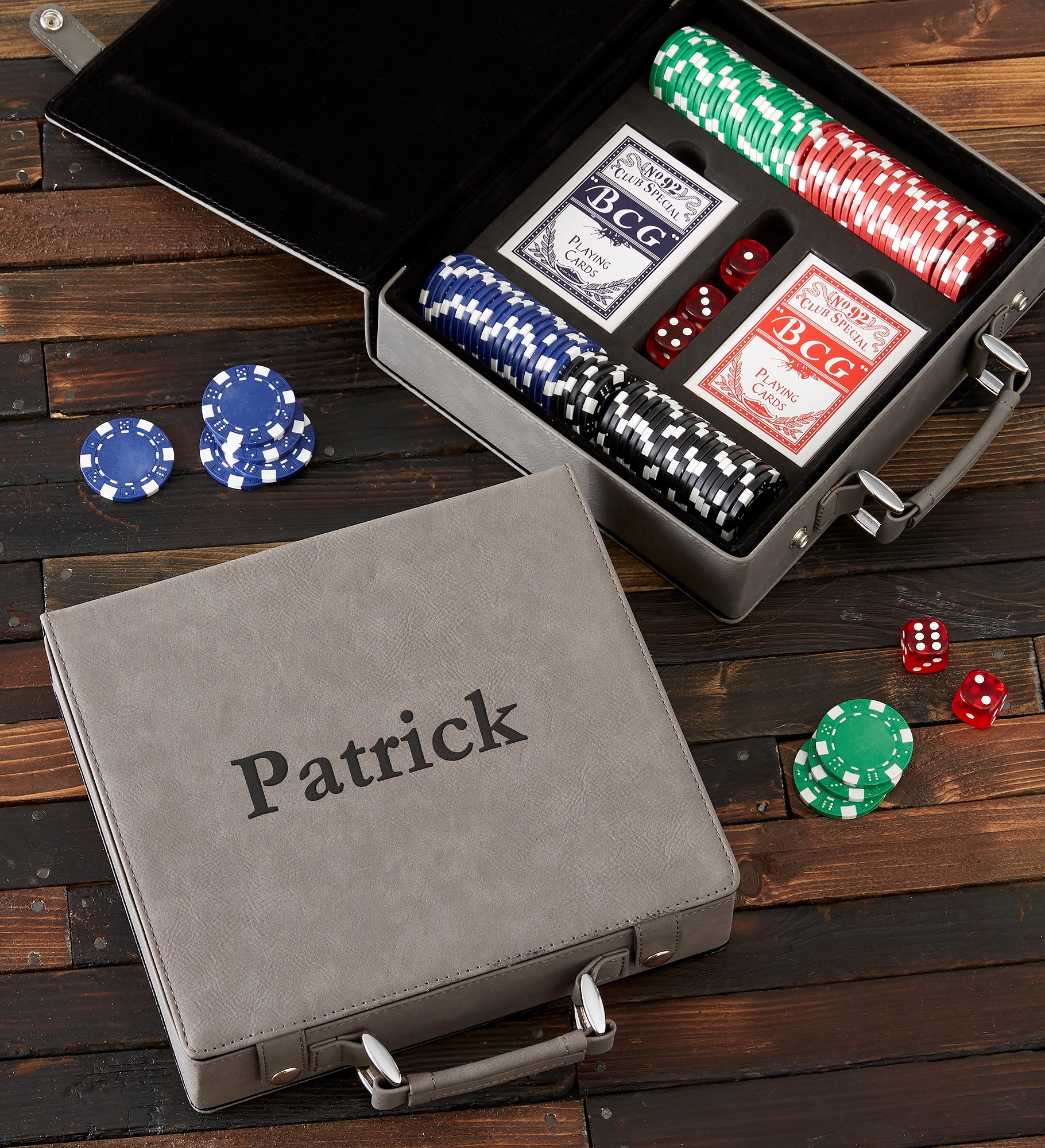 Personalized Grey Leatherette Poker Chip Set