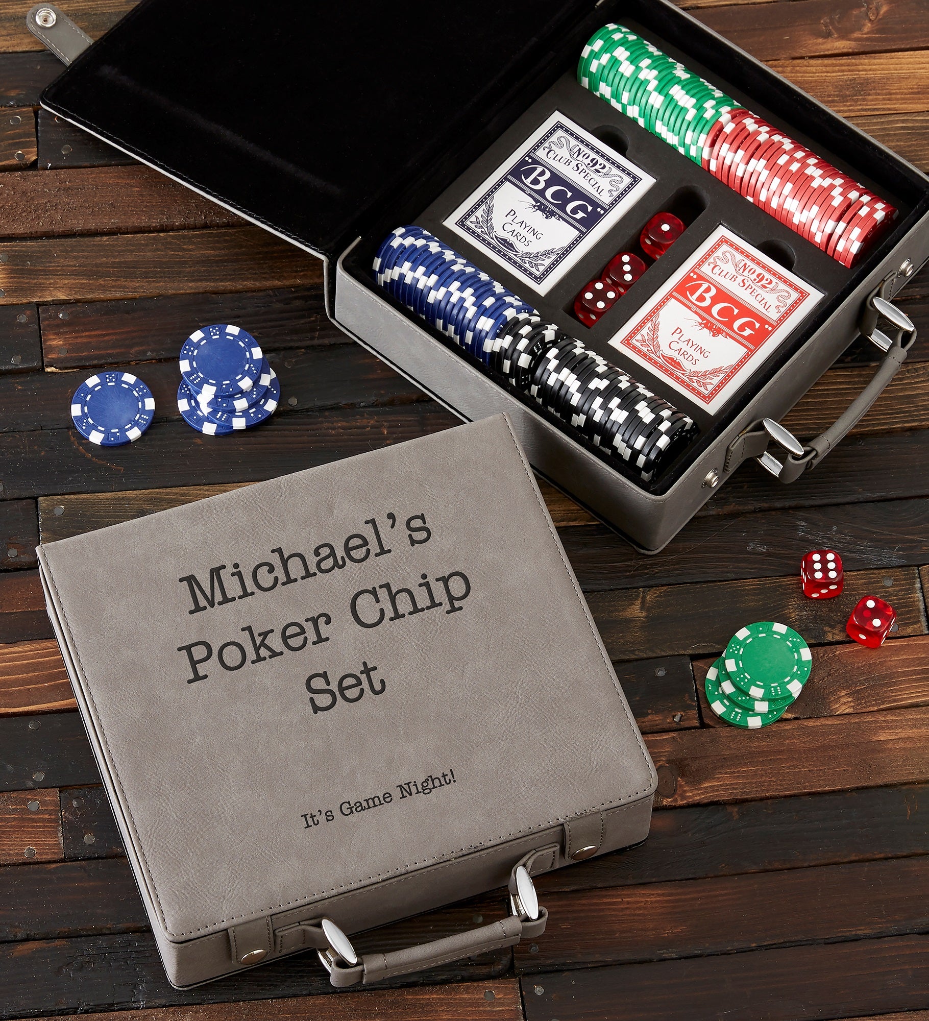 Expressions Personalized Grey Leatherette Poker Chip Set