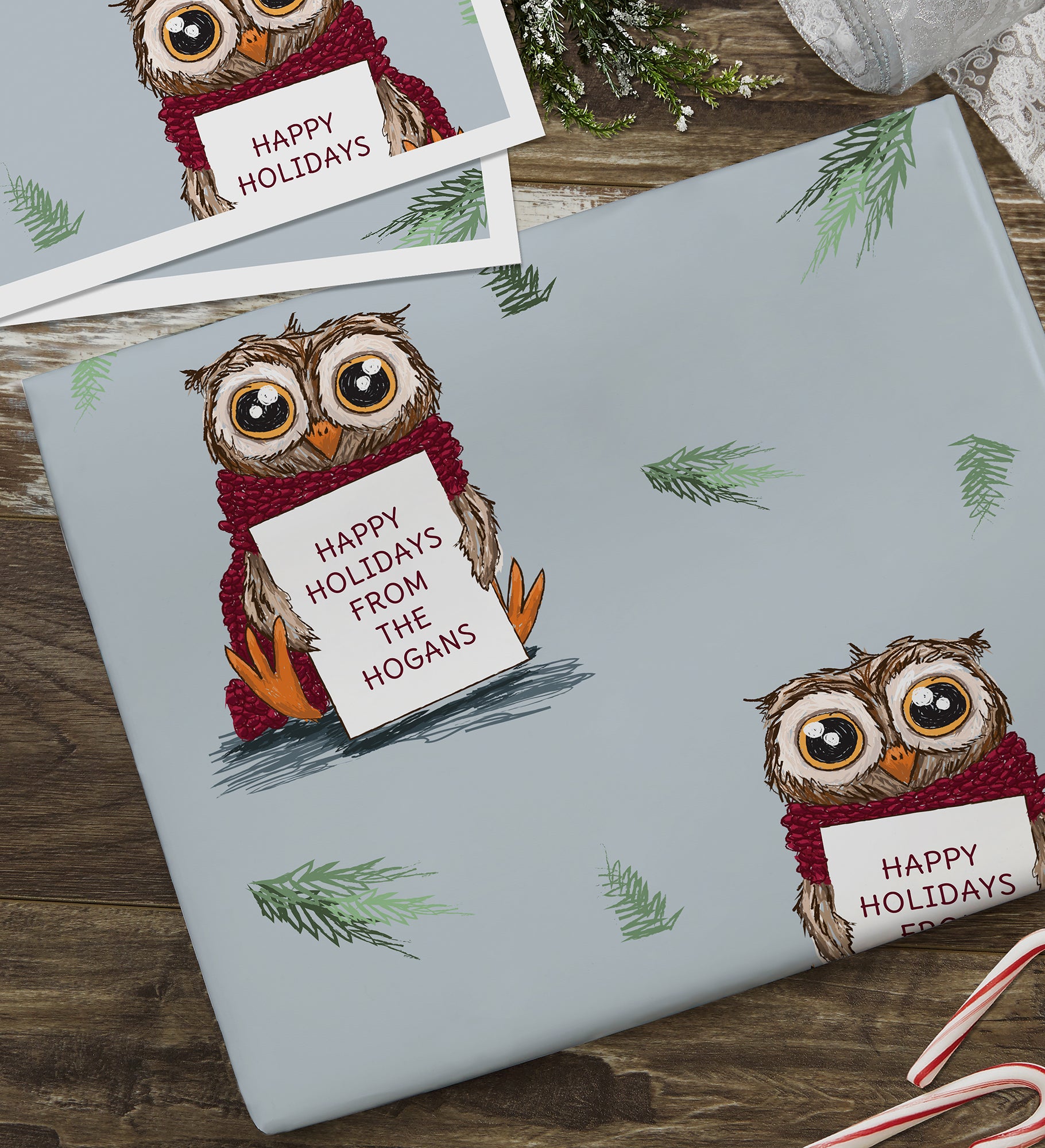 Holiday Owl Personalized Wrapping Paper