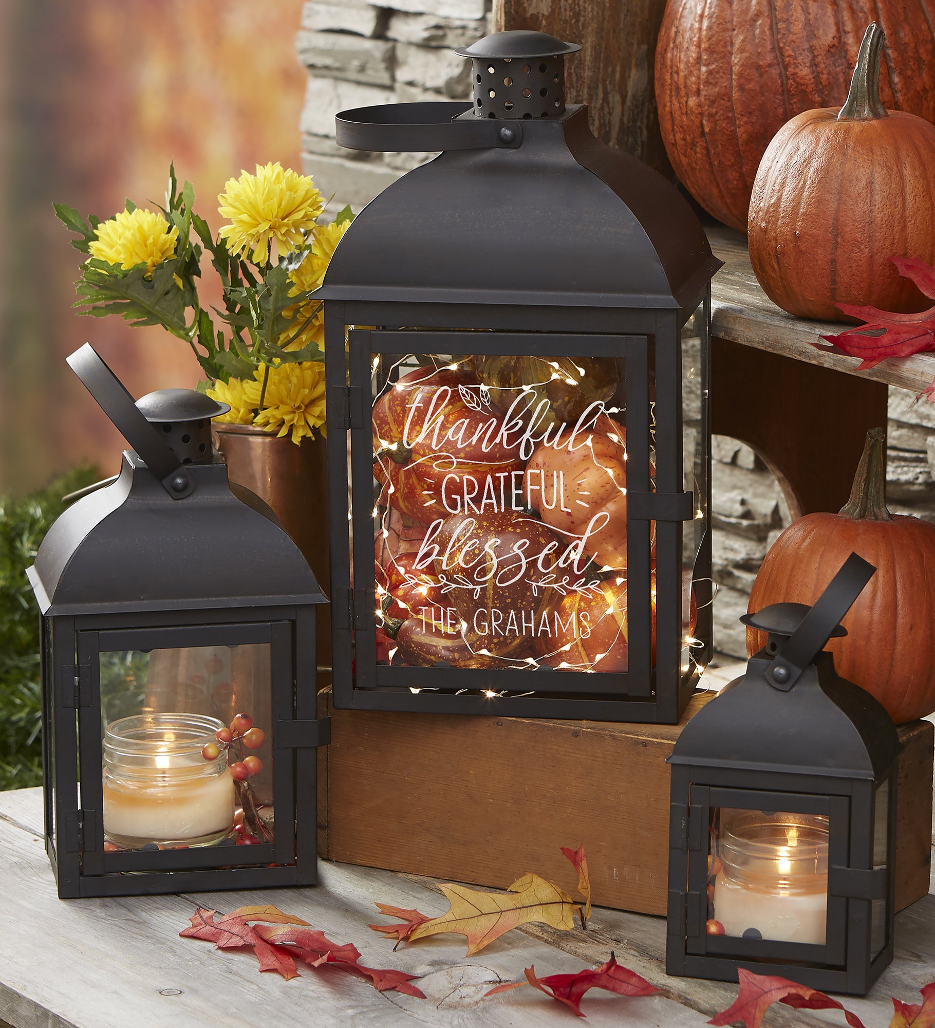 Thankful Personalized Candle Lantern 3 Piece Set