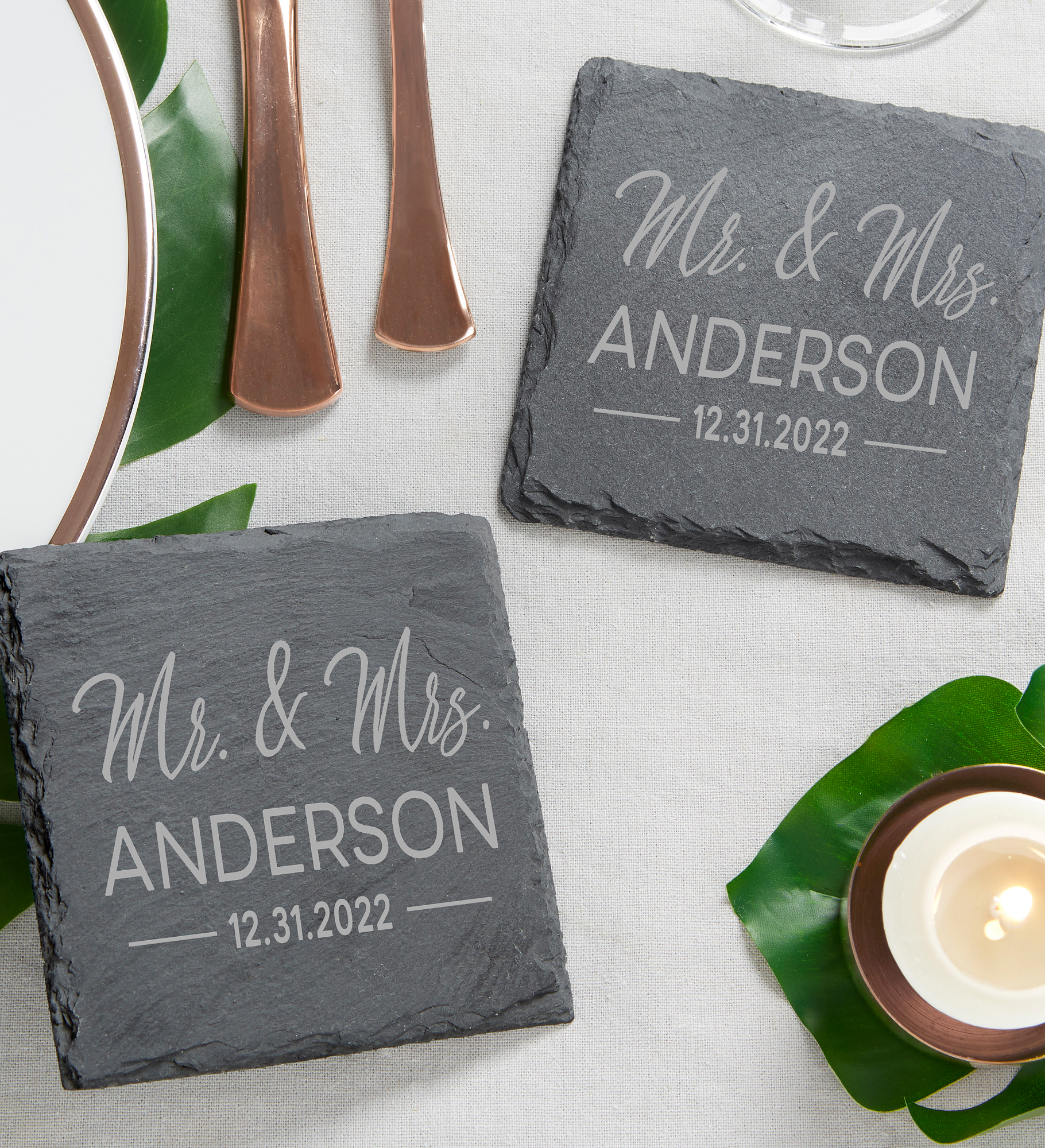 Stamped Elegance Engraved Wedding Favor Slate Coaster