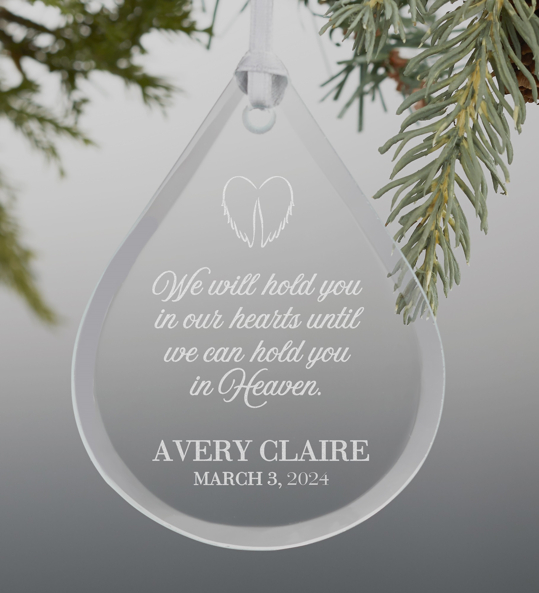 Baby In Our Hearts Memorial Teardrop Engraved Glass Ornament