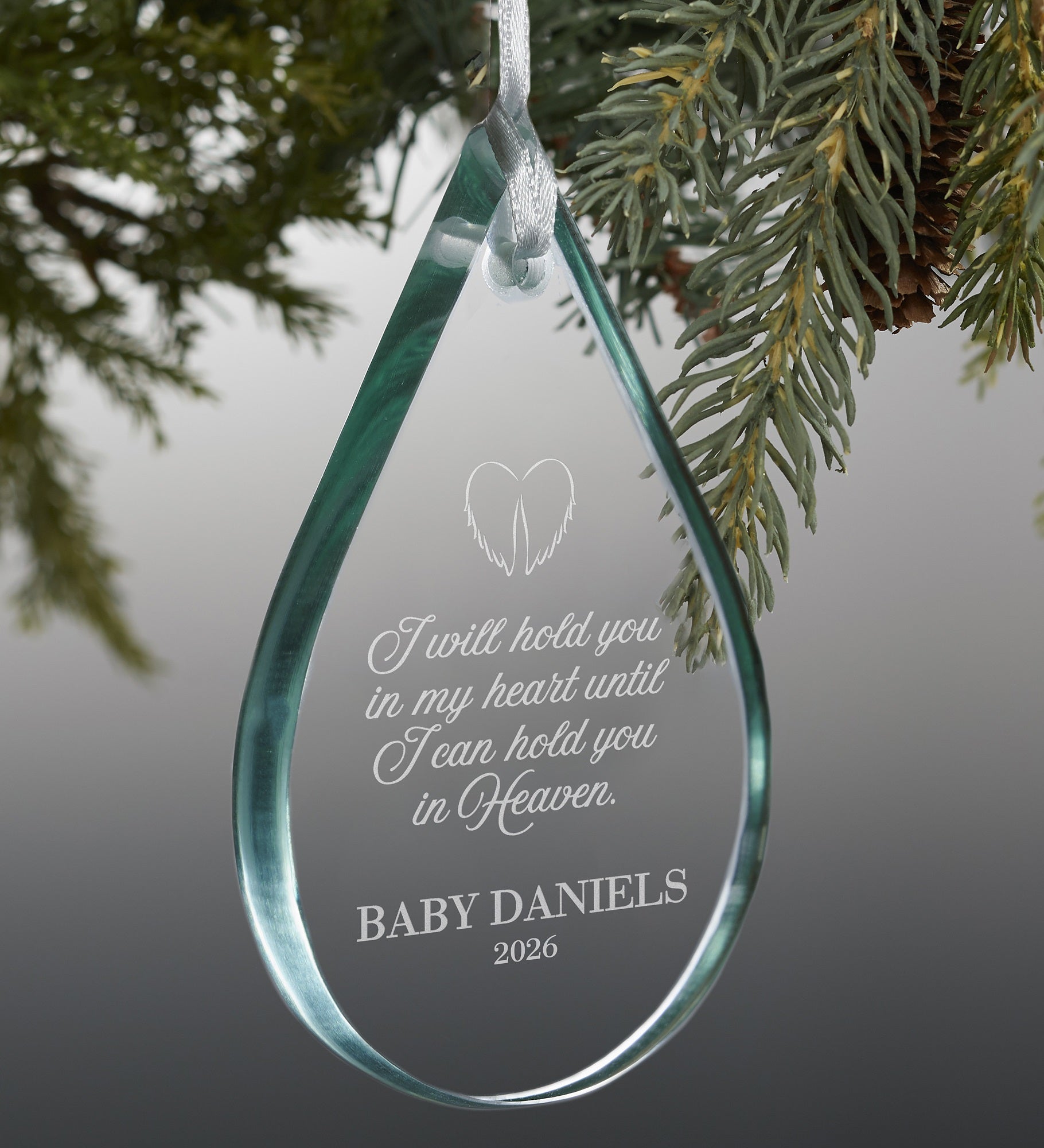 Baby In Our Hearts Memorial Teardrop Engraved Glass Ornament