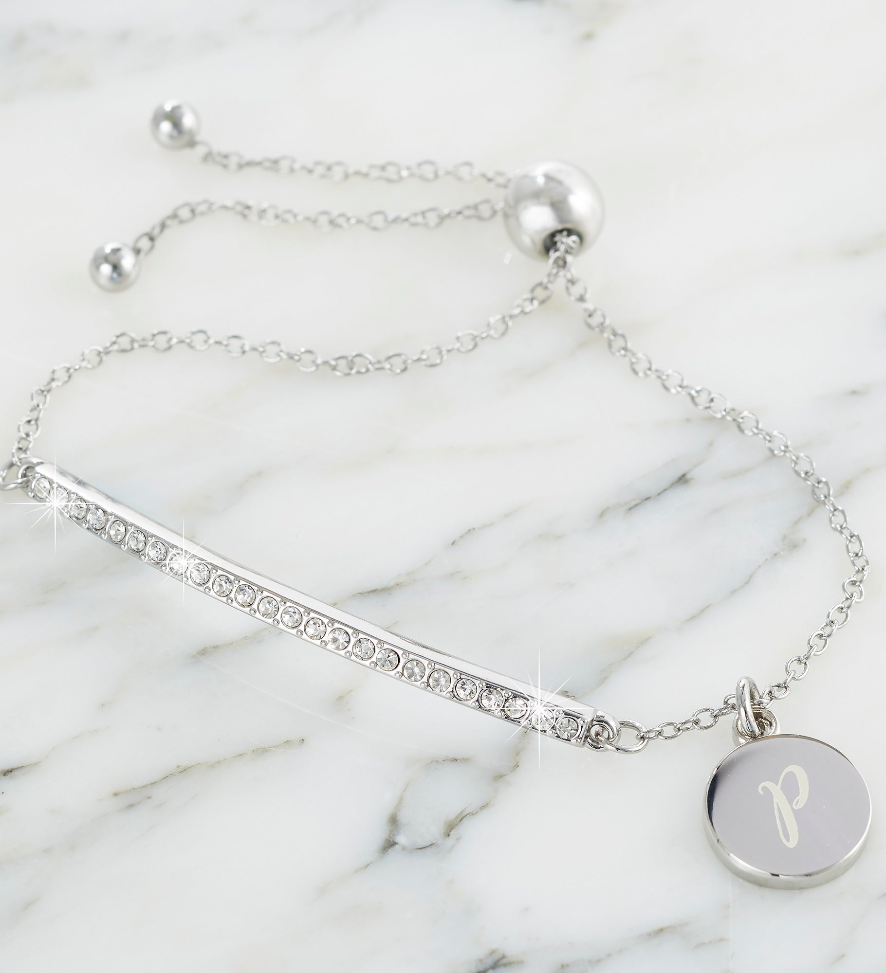 Rhinestone Bar Personalized Initial Bolo Bracelet