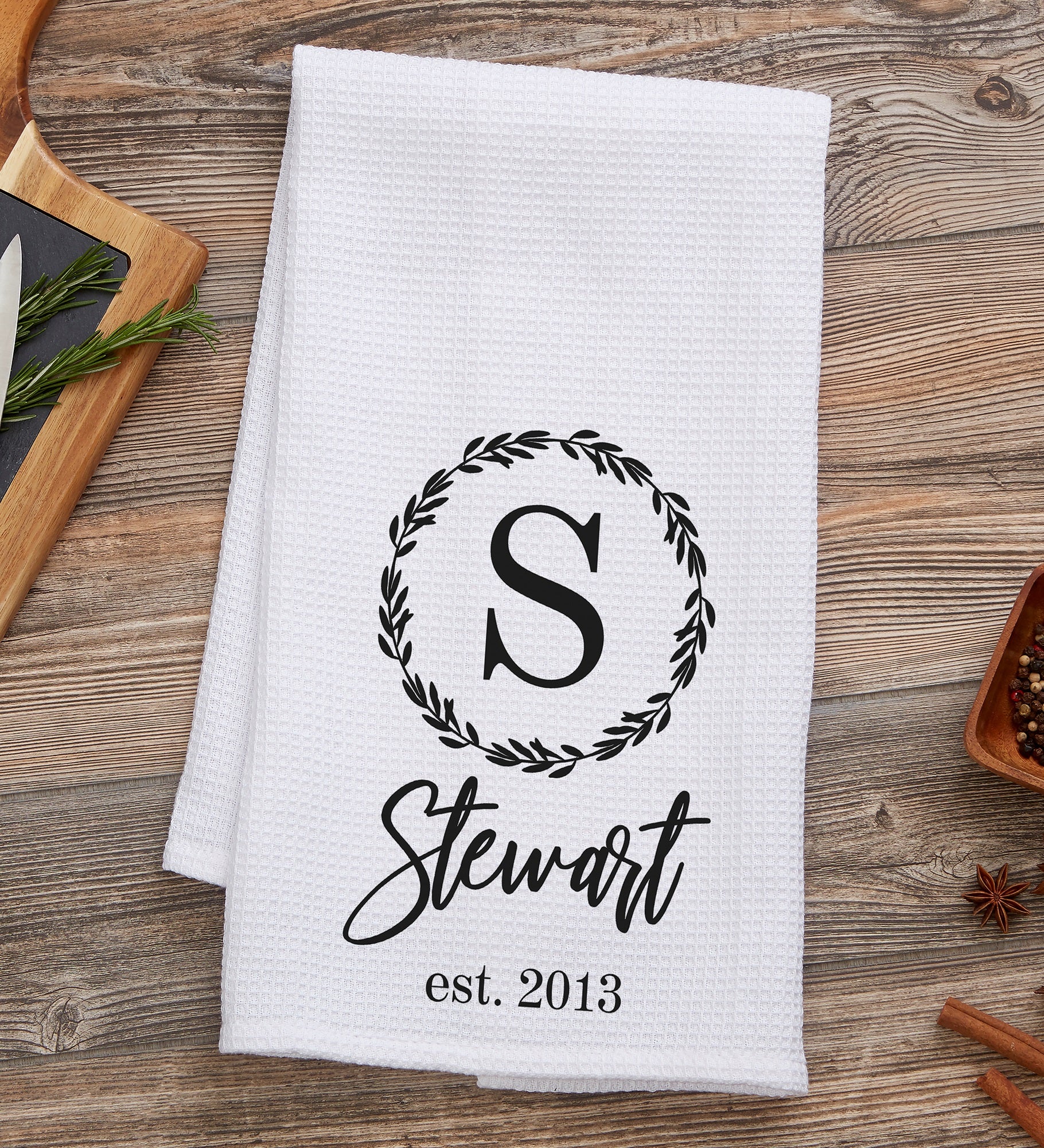 Laurel Monogram Personalized Waffle Weave Kitchen Towel