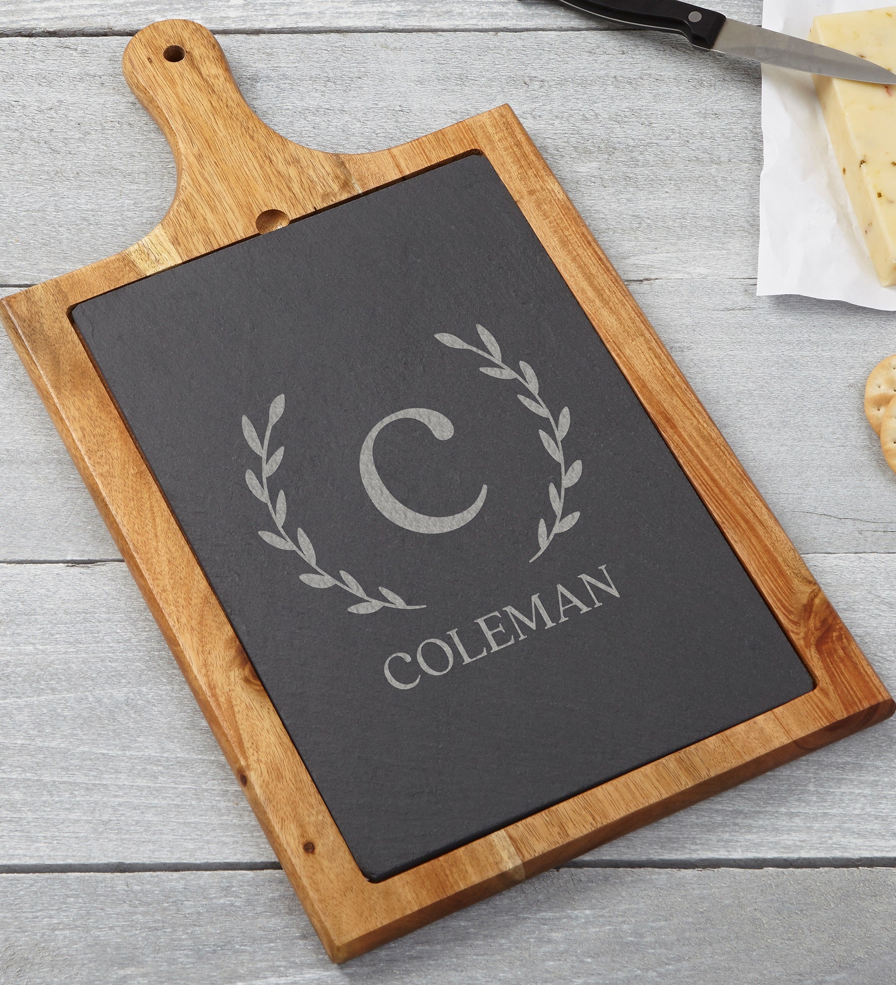 Laurel Initial Personalized Slate & Wood Paddle Cheese Board