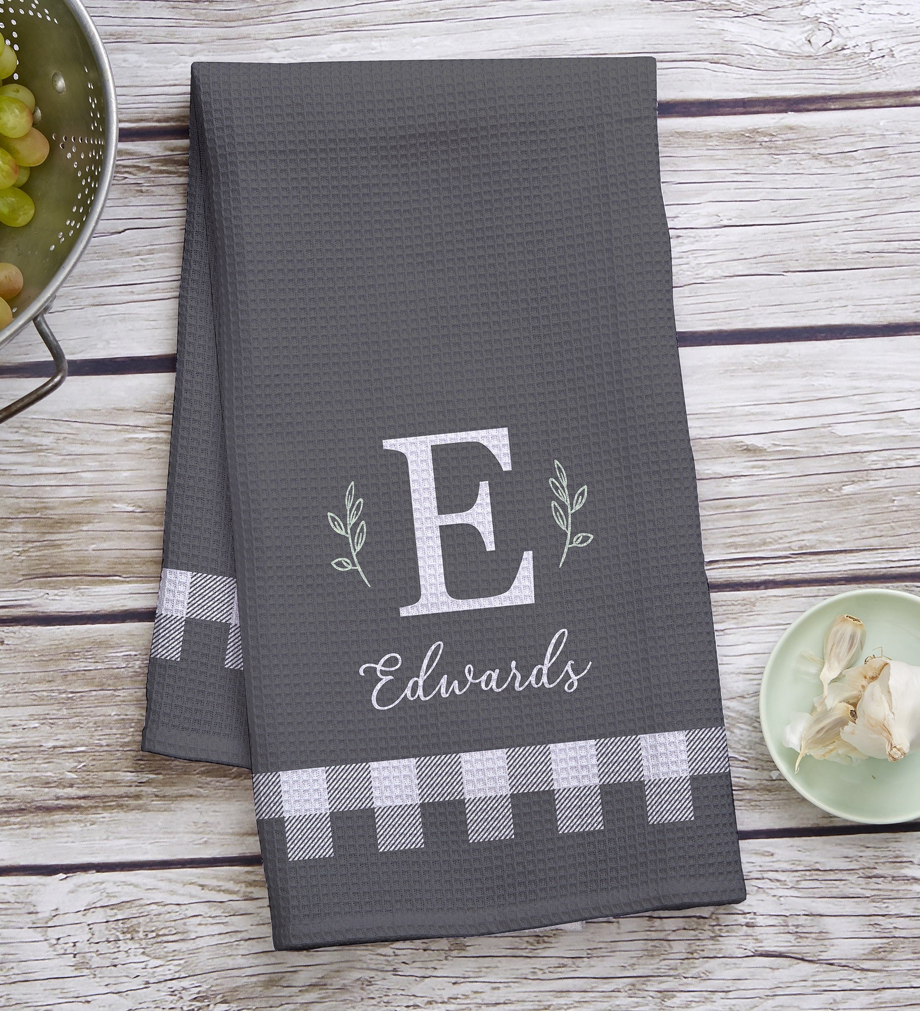 Black & White Buffalo Check Personalized Waffle Weave Kitchen Towel
