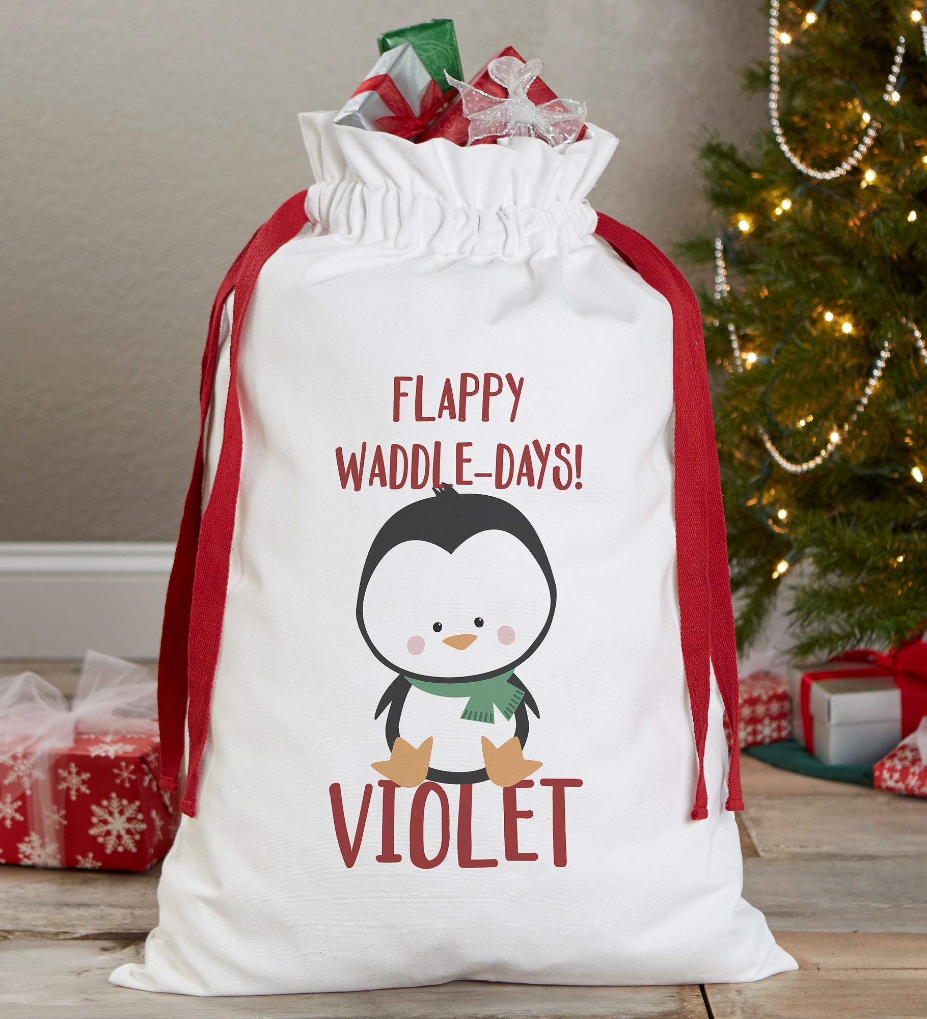 Holly Jolly Characters Personalized Canvas Drawstring Santa Sack