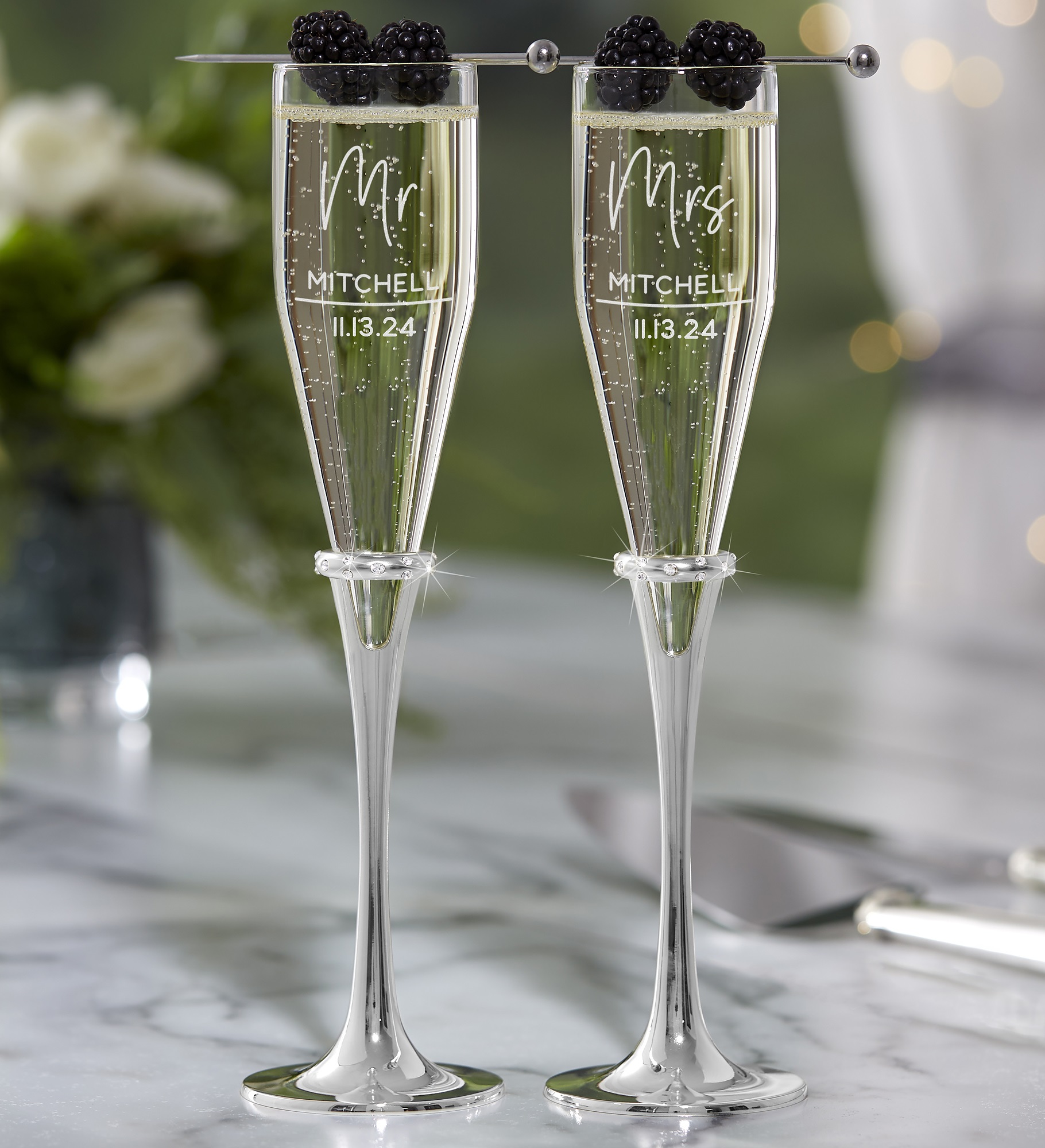 Modern Lenox® Devotion Engraved Wedding Champagne Flute Set