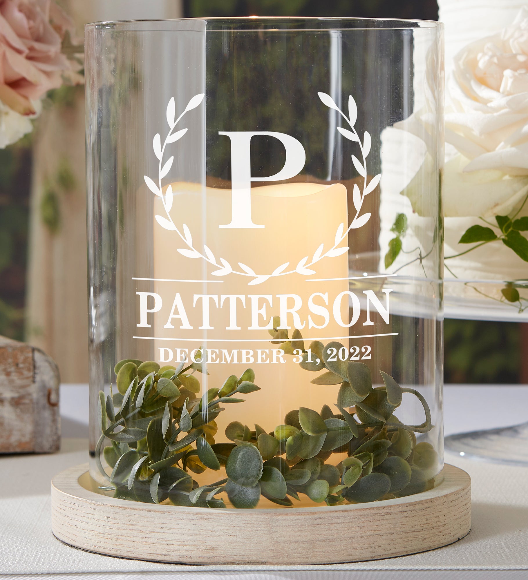 Laurel Wreath Personalized Hurricane with Whitewashed Wood Base