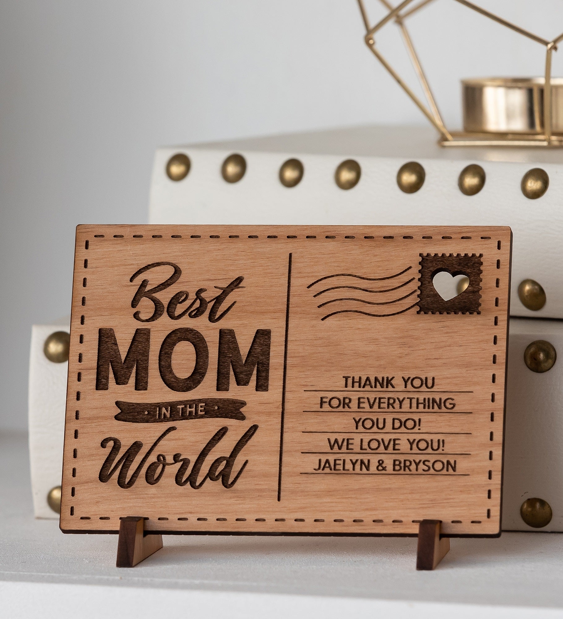 Best Mom In The World Personalized Wood Postcard