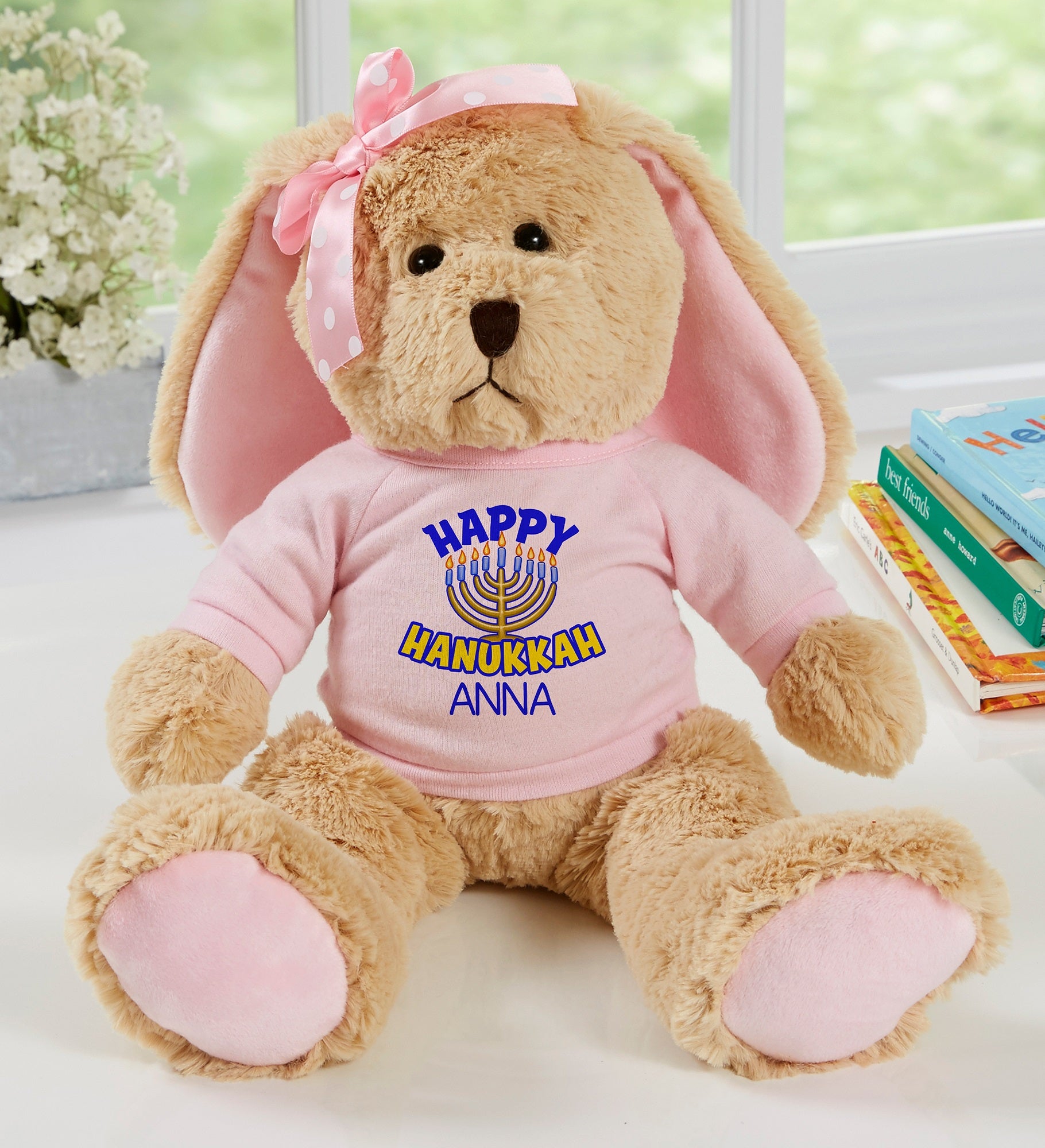 Happy Hanukkah Tan Plush Bunny