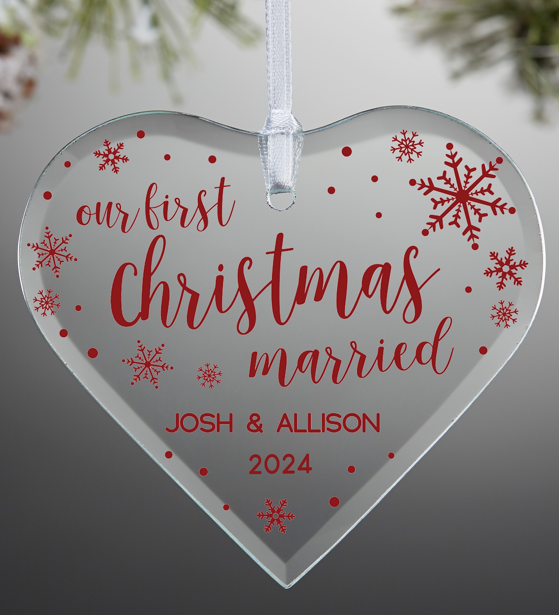 First Christmas Married Personalized Heart Glass Ornament