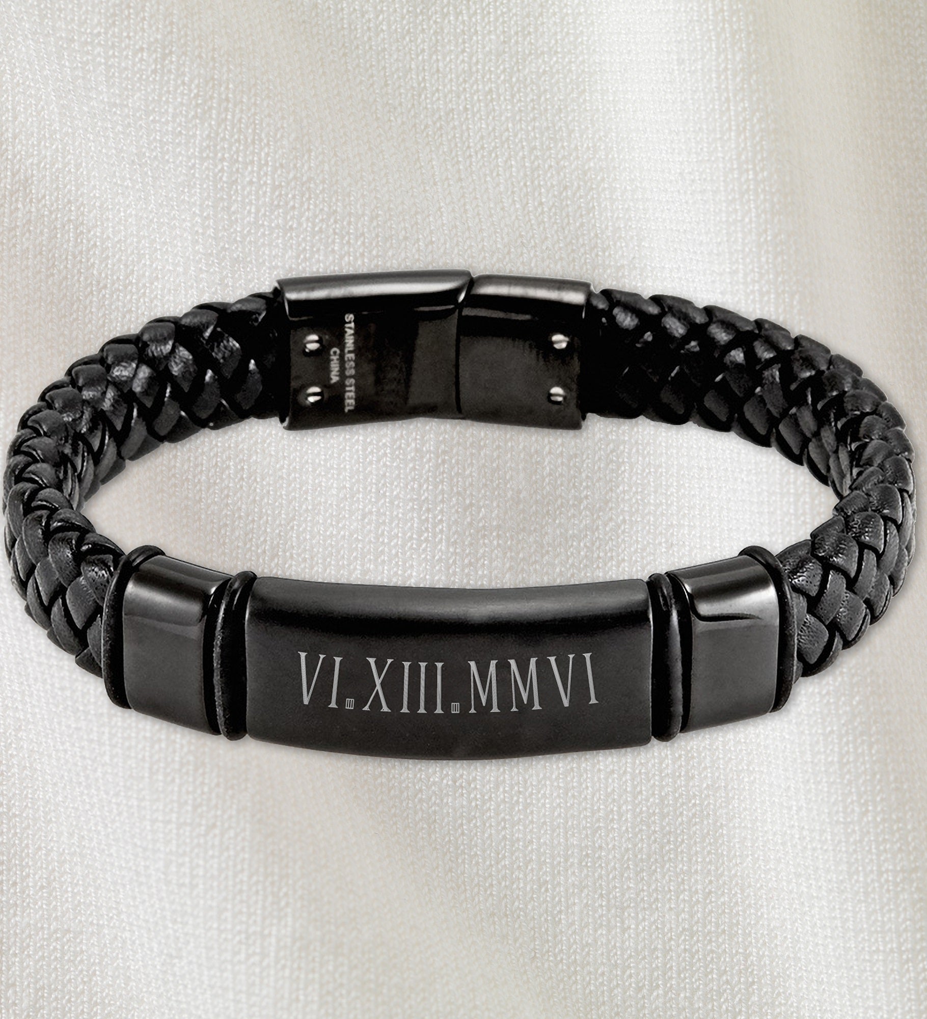 Roman Numeral Personalized Men's Braided Leather Bracelet