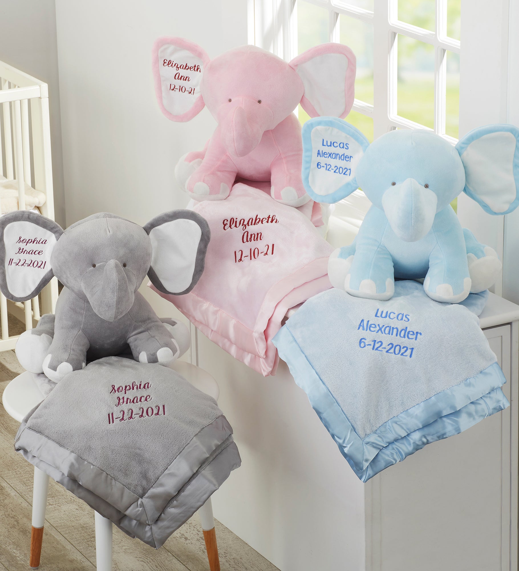 Embroidered Satin Trim Baby Blanket with Jumbo Plush Elephant Set