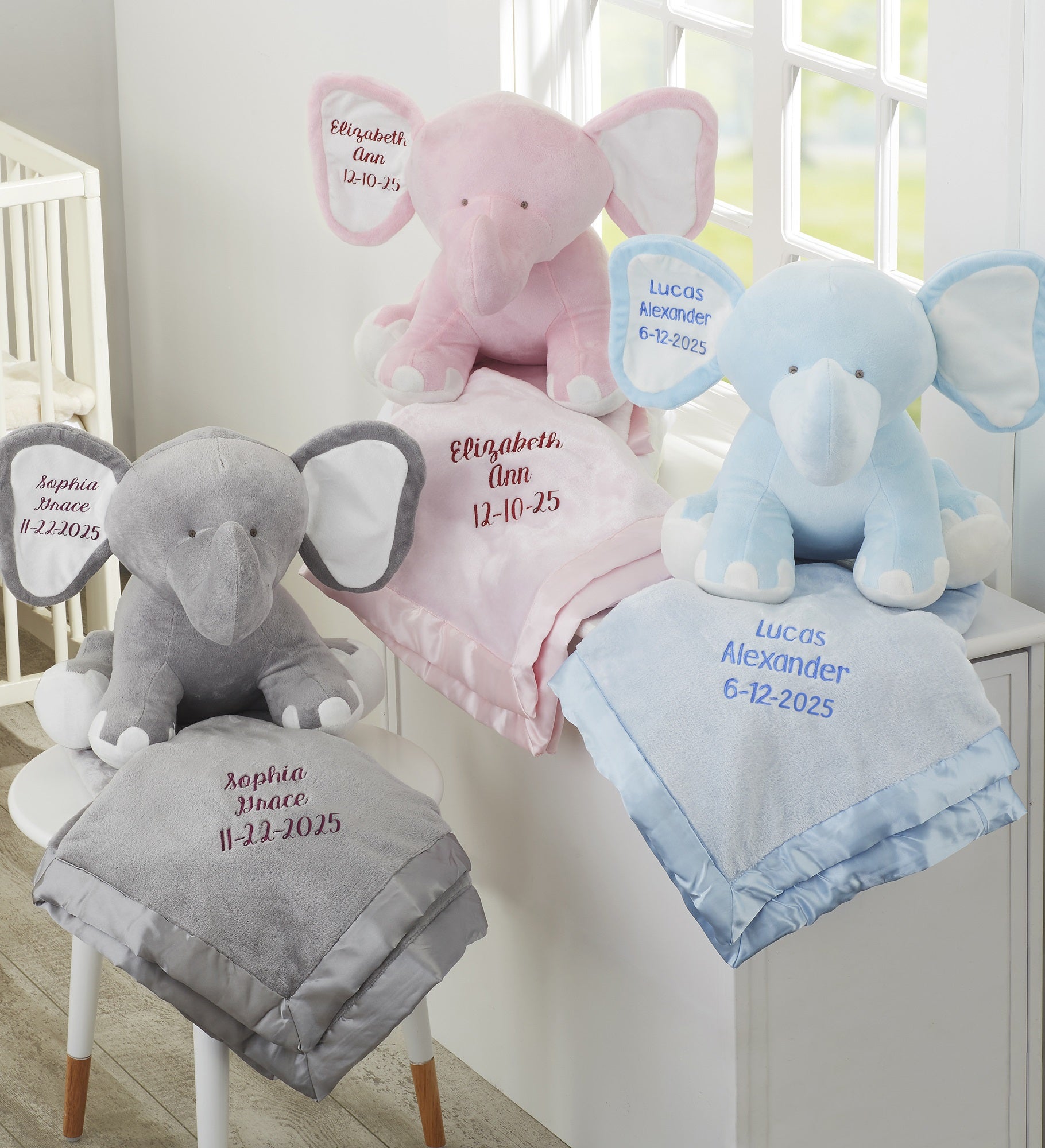 Embroidered Satin Trim Baby Blanket with Jumbo Plush Elephant Set