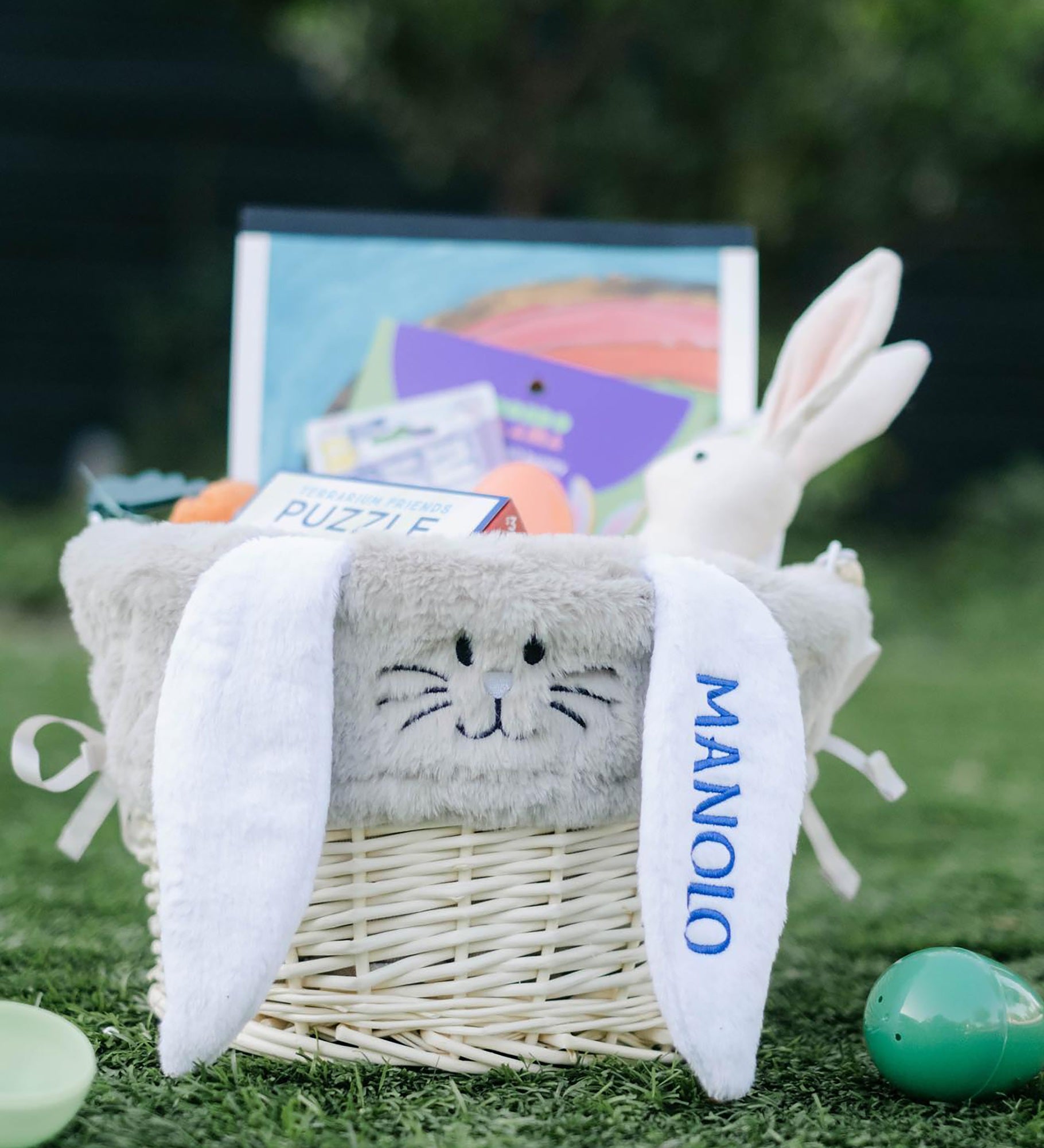 Personalized Bunny Easter Basket Liner & Basket with Folding Handle