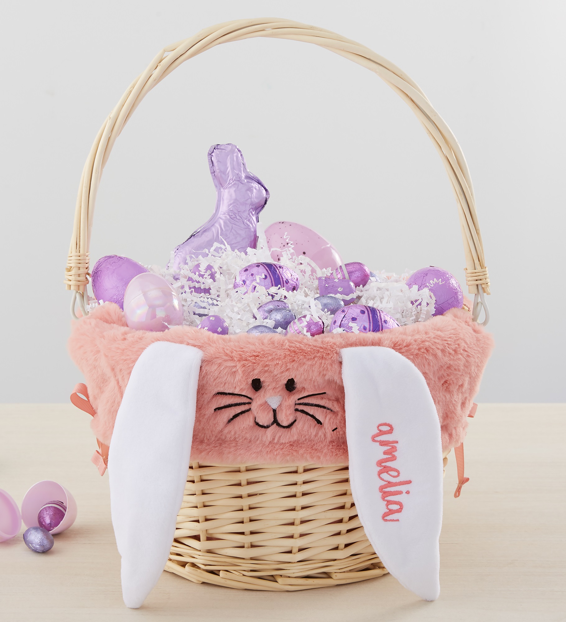 Personalized Bunny Easter Basket Liner & Basket with Folding Handle