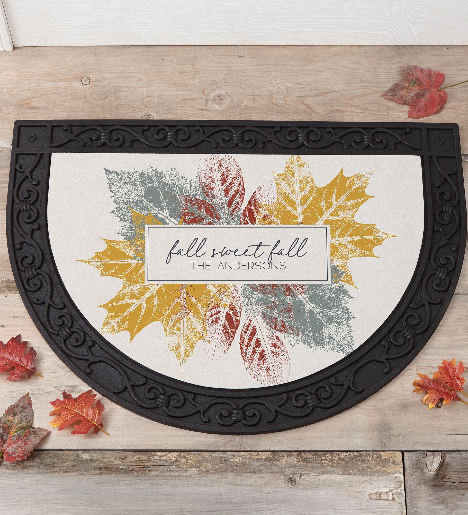 Stamped Leaves Personalized Half Round Doormat