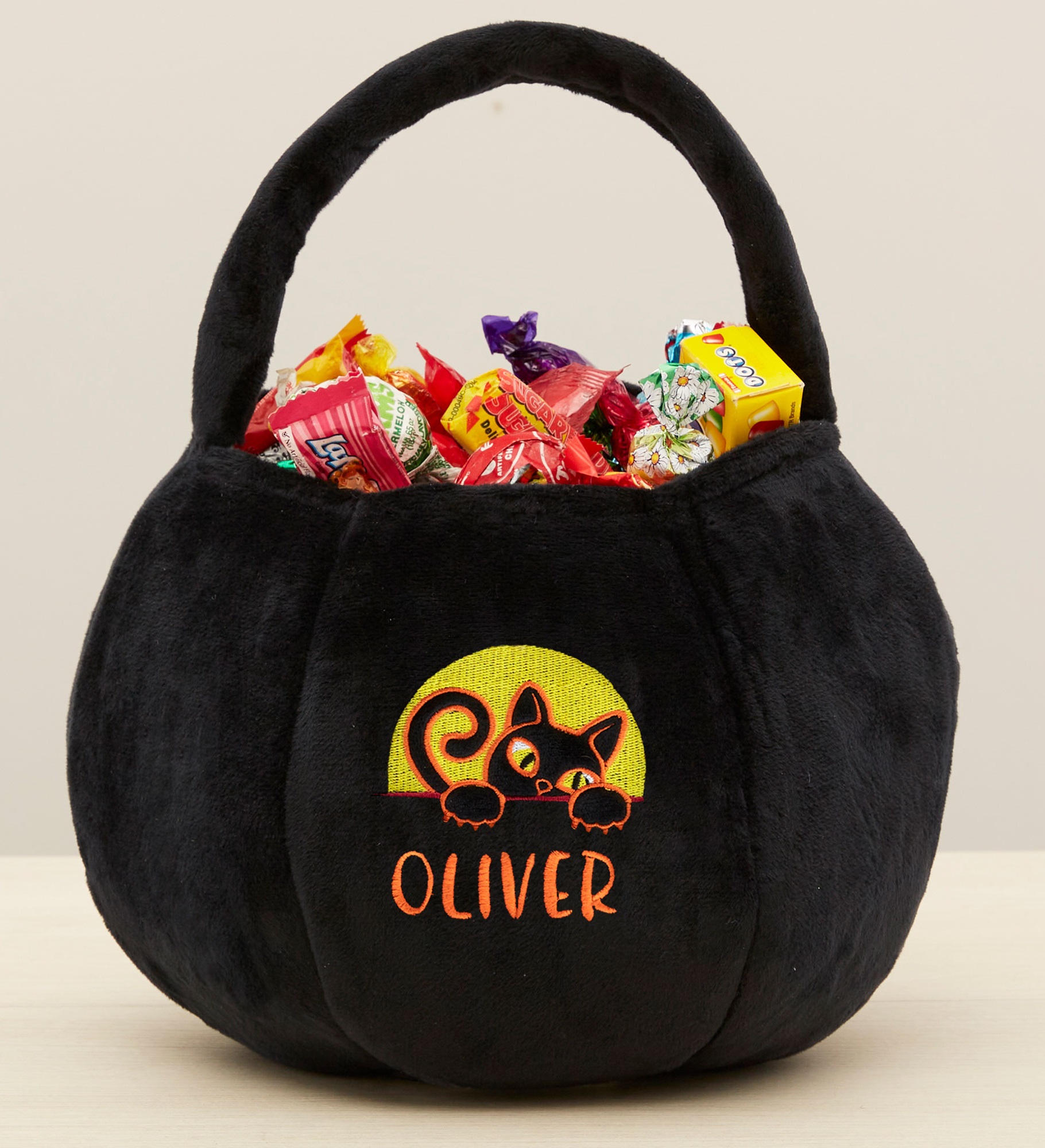 Black Cat Embroidered Plush Halloween Treat Bag