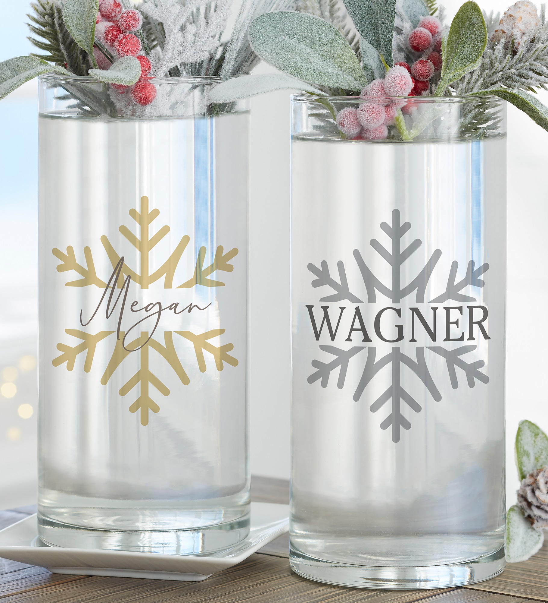 Silver and Gold Snowflakes Personalized Cylinder Glass Flower Vase