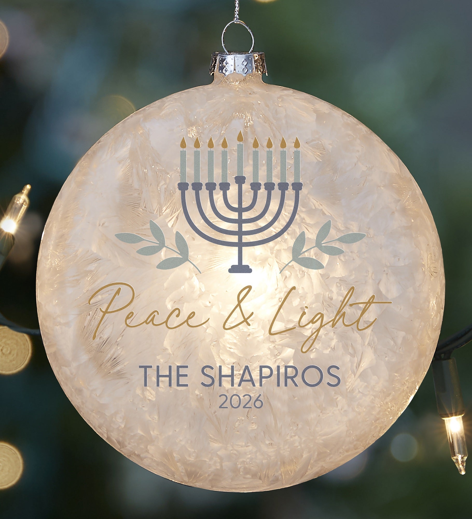 Spirit of Hanukkah Menorah Personalized Lightable Frosted Glass Ornament