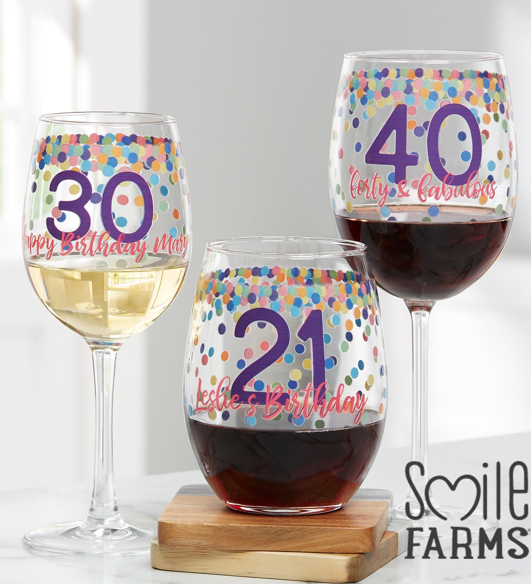 Smile Farms   Confetti Cheers Personalized Birthday Wine Glass Collection