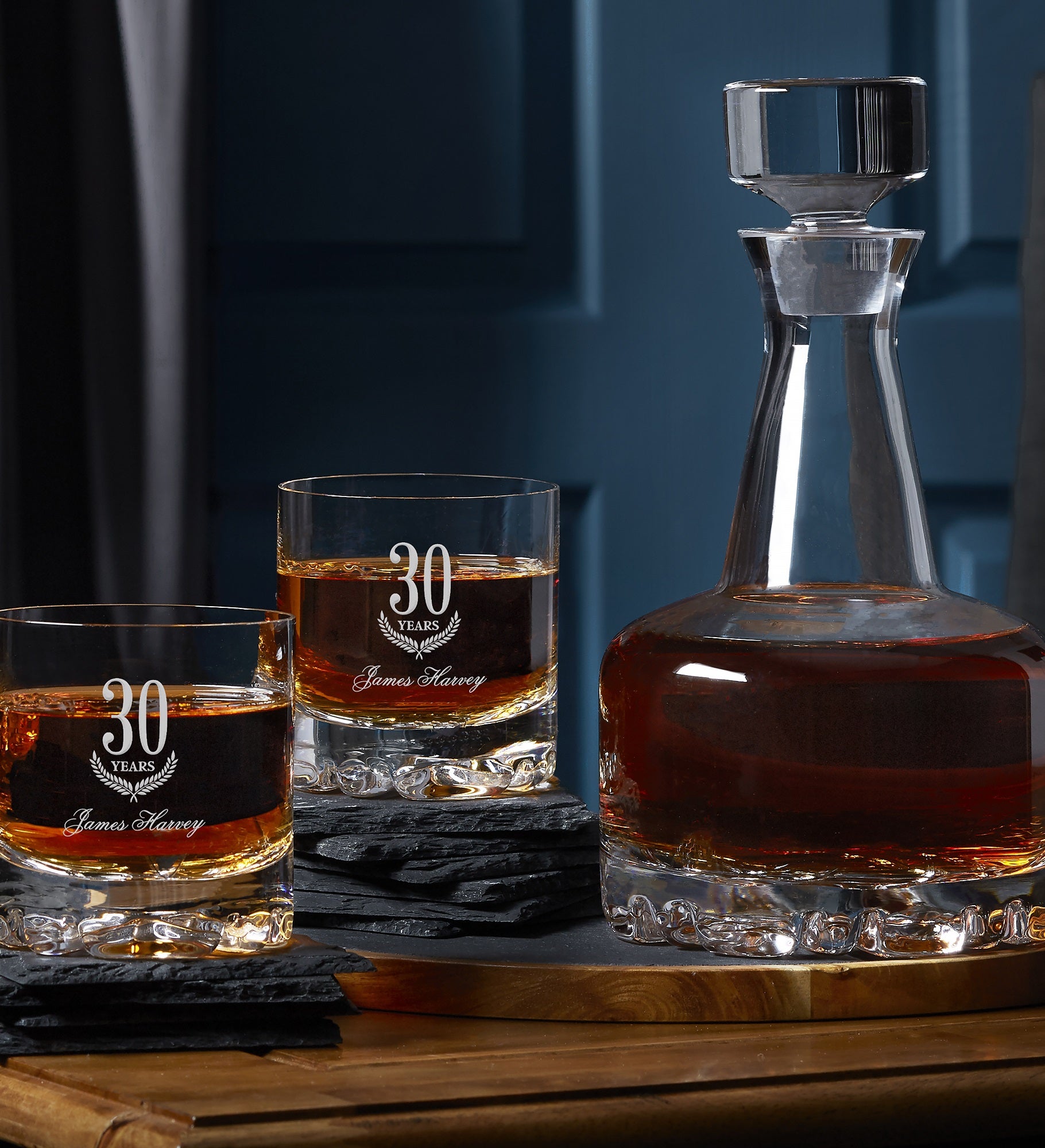 Retirement Years Orrefors Etched Whiskey Decanter 3 pc Set