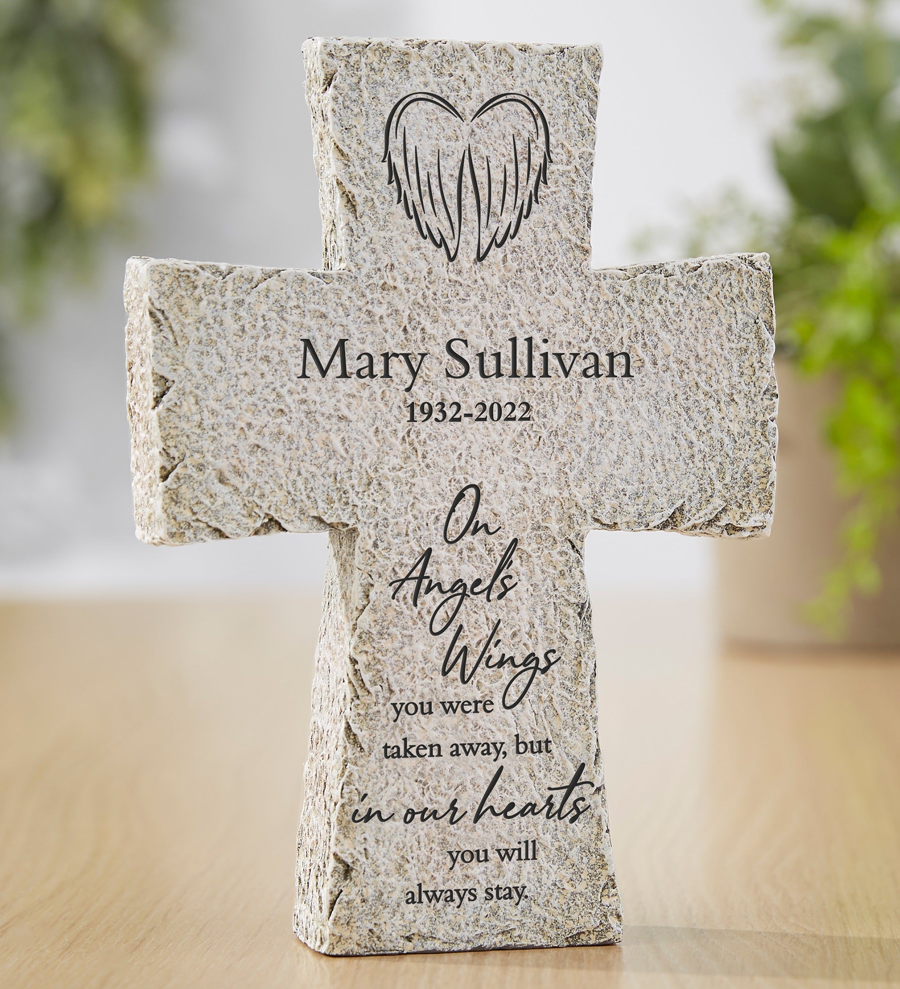 On Angels Wings Personalized Memorial Resin Tabletop Cross