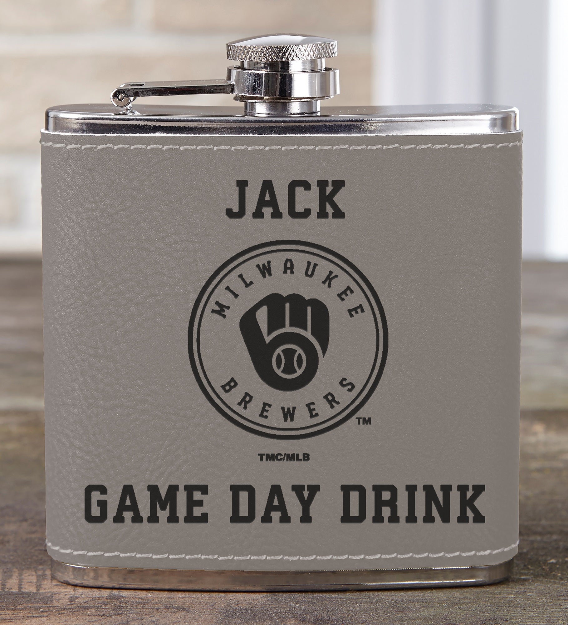 MLB Milwaukee Brewers Leatherette Personalized Flask