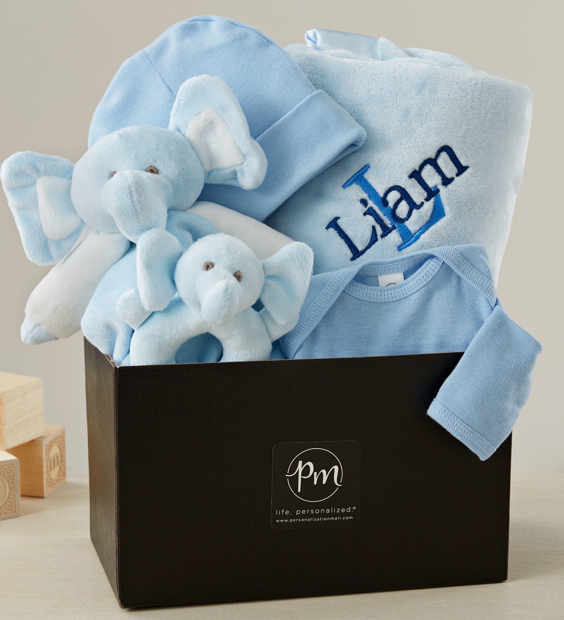 Embroidered Satin Trim Blue Baby Blanket with Clothes Set
