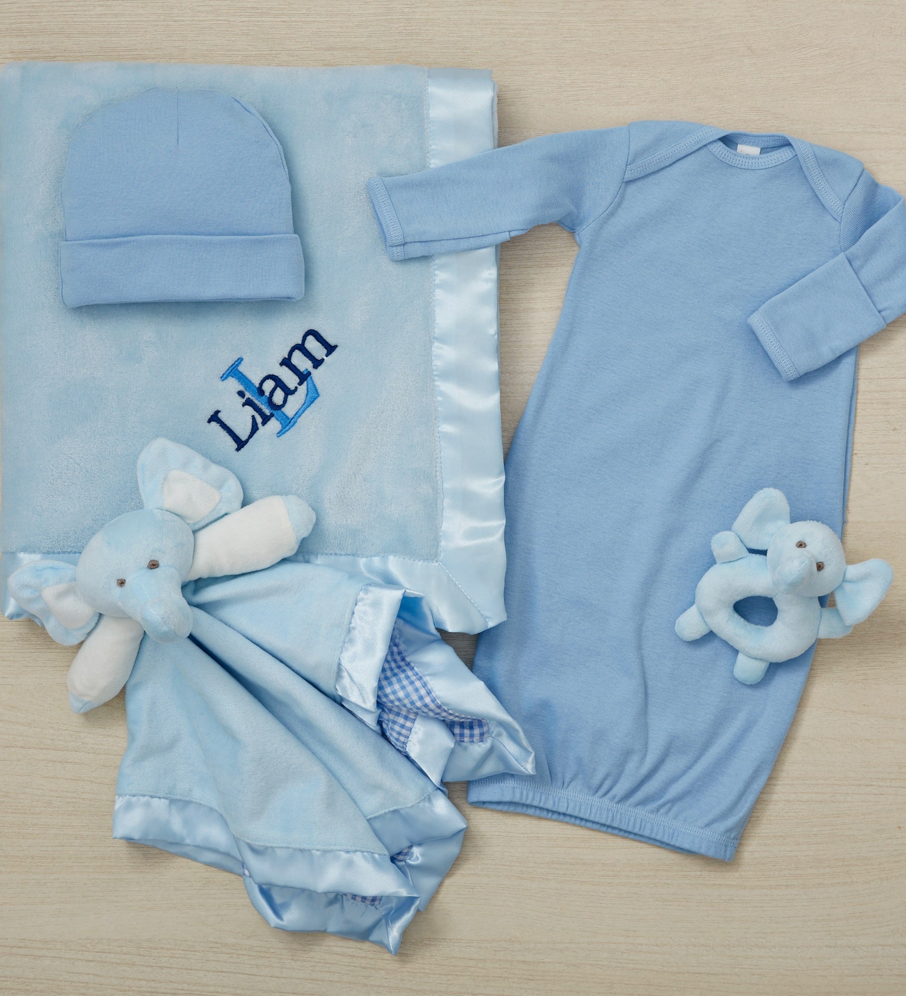Embroidered Satin Trim Blue Baby Blanket with Clothes Set