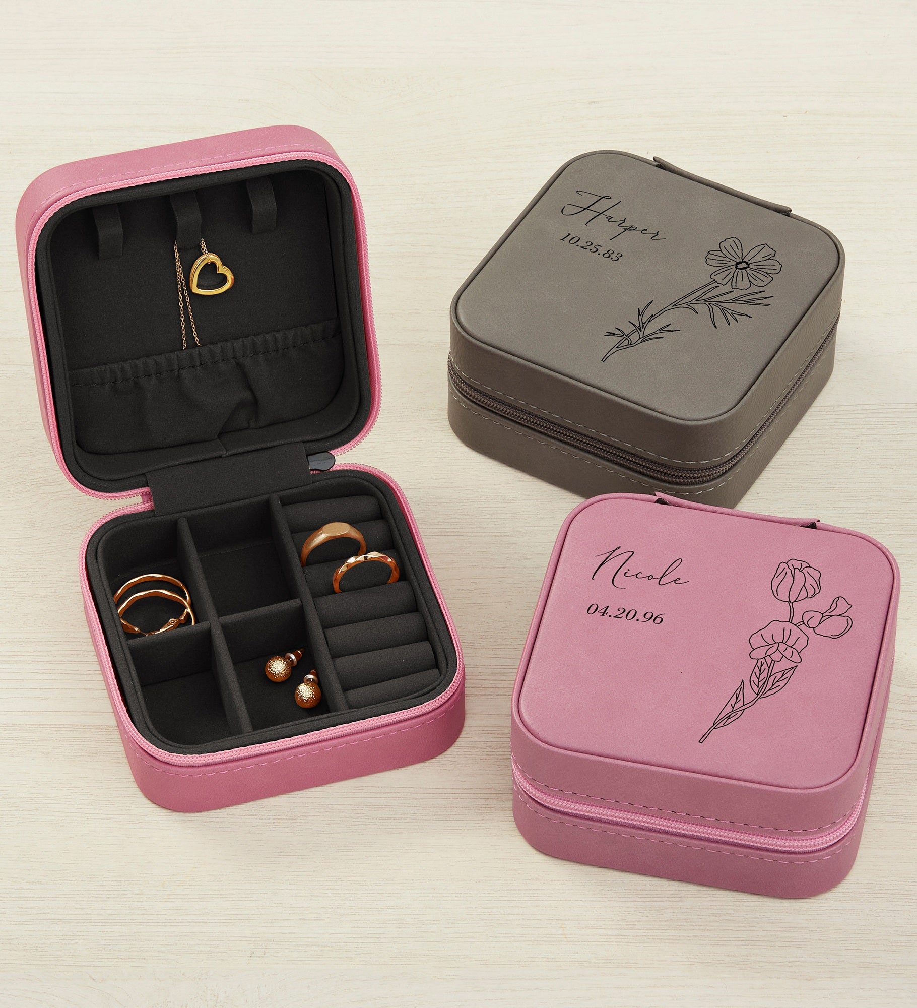 Birth Month Flower Personalized Leatherette Jewelry Case