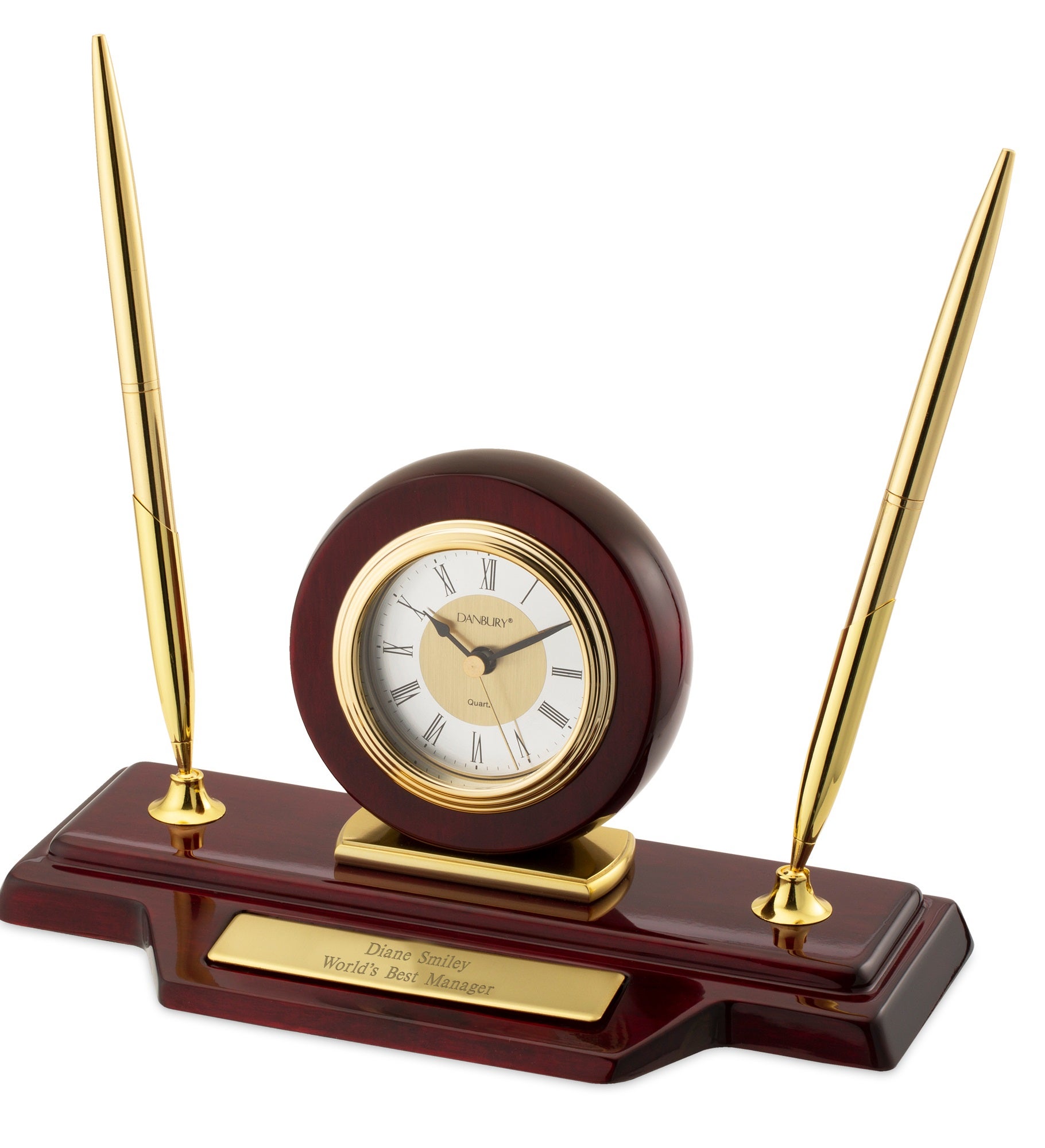 Engraved Mahogany Finish Clock and Pen Stand for the Executive