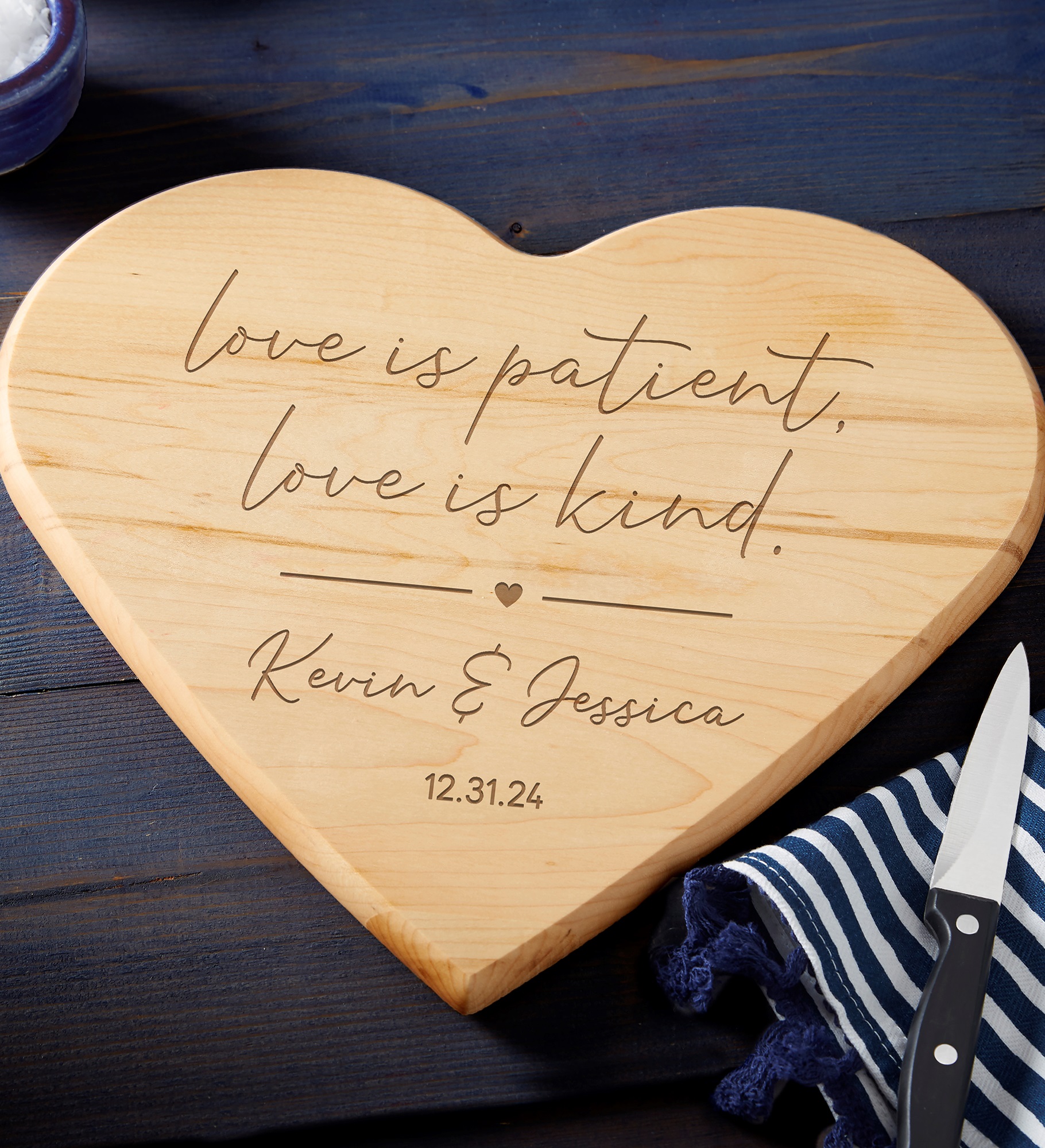 Love is Patient Personalized Heart Shaped Cutting Board