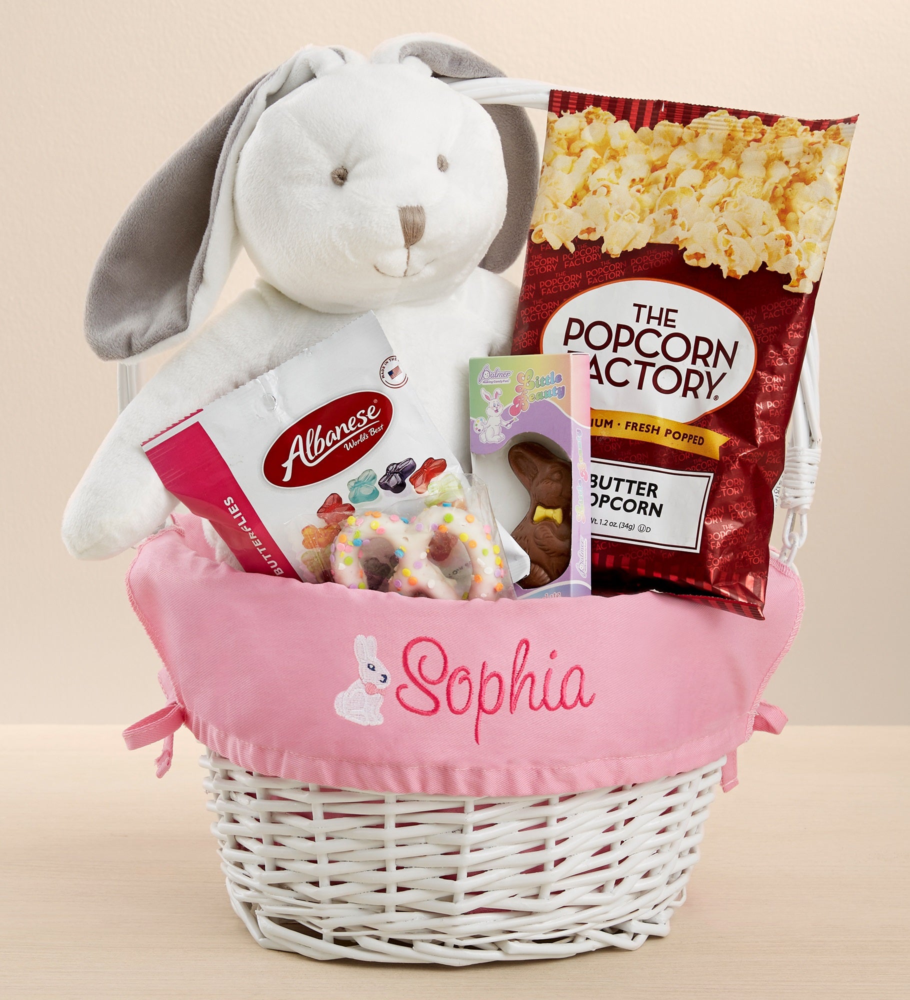 Bunny Name Embroidered White Easter Basket with Bunny & Treat Gift Set