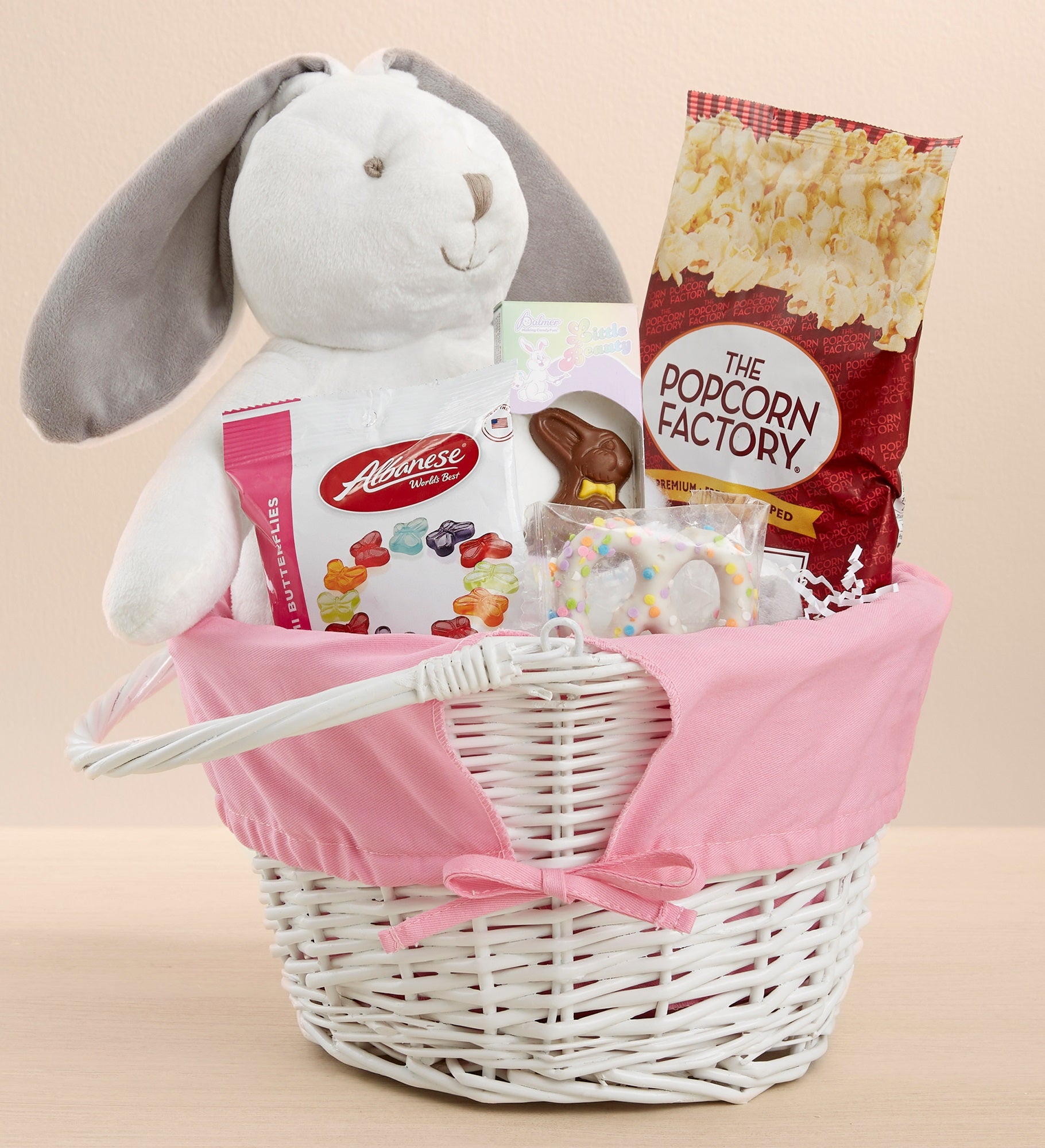 Bunny Name Embroidered White Easter Basket with Bunny & Treat Gift Set