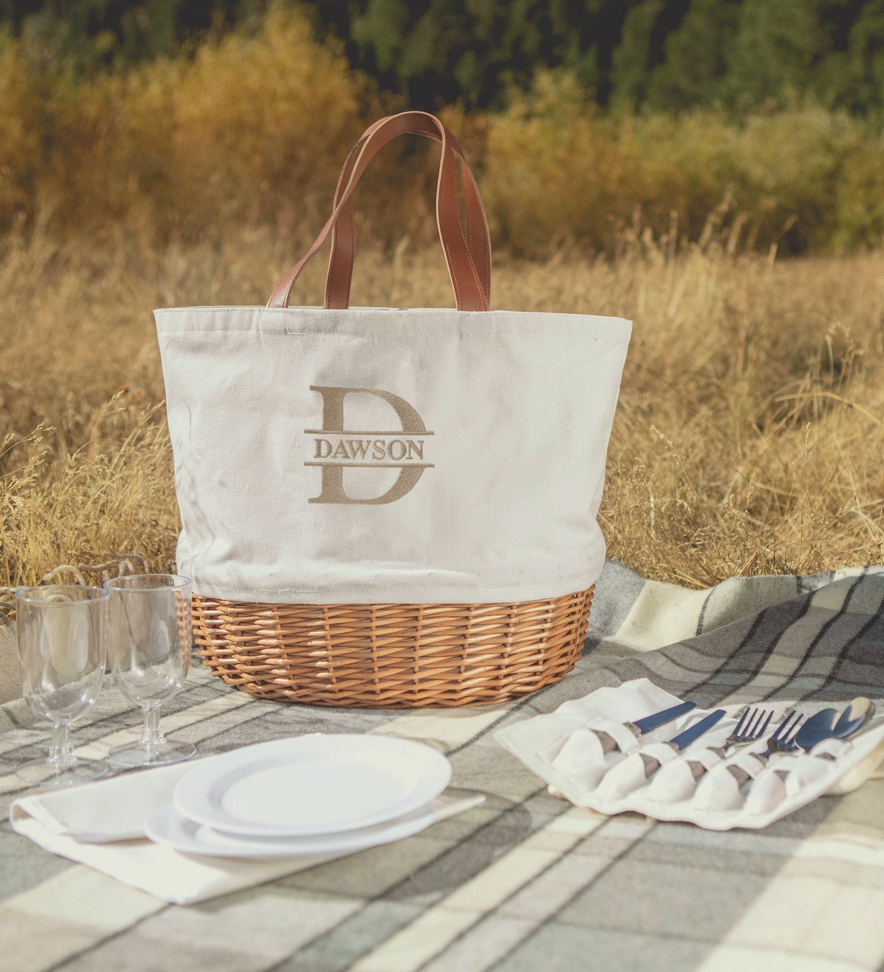 Lavish Last Name Embroidered Picnic Basket For Two